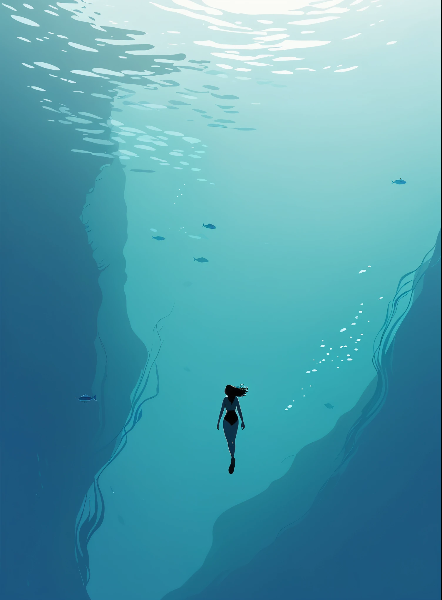 Minimalist Journey, diving, Solitary, 1 girl swimming gracefully with beautiful curves, Minimalism, Under the Sea, illustration.