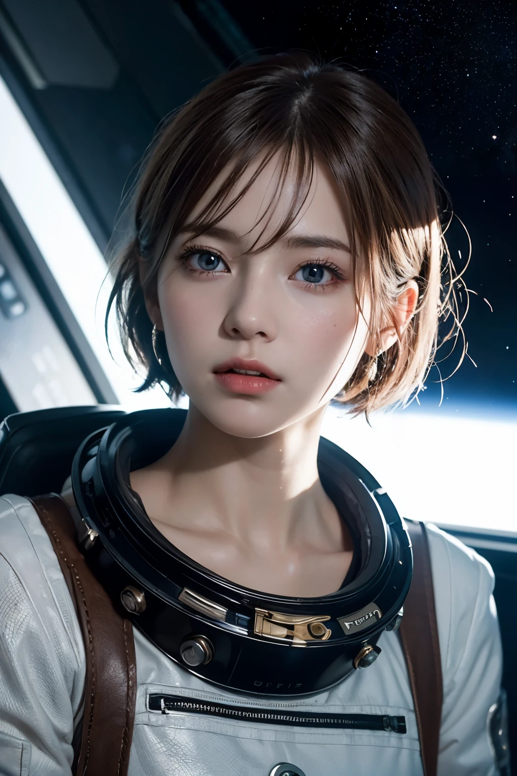 Ultra-high resolution、(Real:1.4)、One beautiful woman、Beautifully detailed eyes and skin、Light brown short hair、Space Station、Bright interior、Remains、Cloudy、Sci-Fi Taste、Movie quality、dramatic、Dramatic composition、