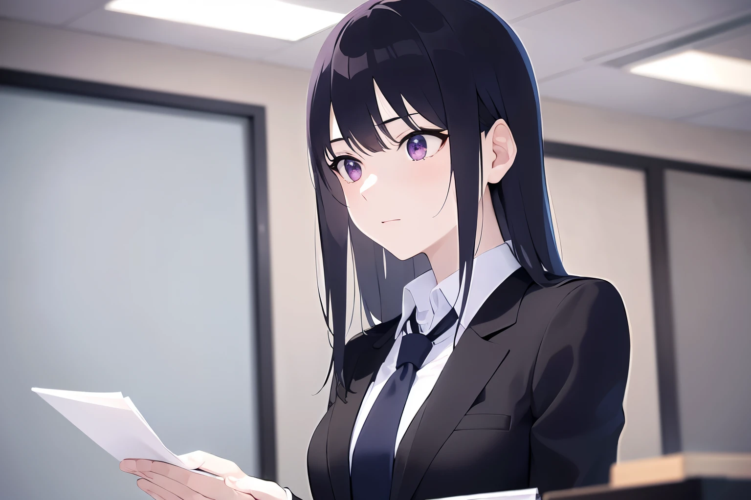 holding a document, side angle, (looking away:1.5), Upper Body, Realistic, real person, (pale skin: 1.2), RAW photo, photorealistic, portrait photography, shiny skin, shiny hair、(A 25-year-old woman with straight hair and bangs) and (medium hair) and (black hair) and (purple eyes) , (business suit:1.5) and (white shirt)、Expressionless, Background is an office room、Alone、Are standing