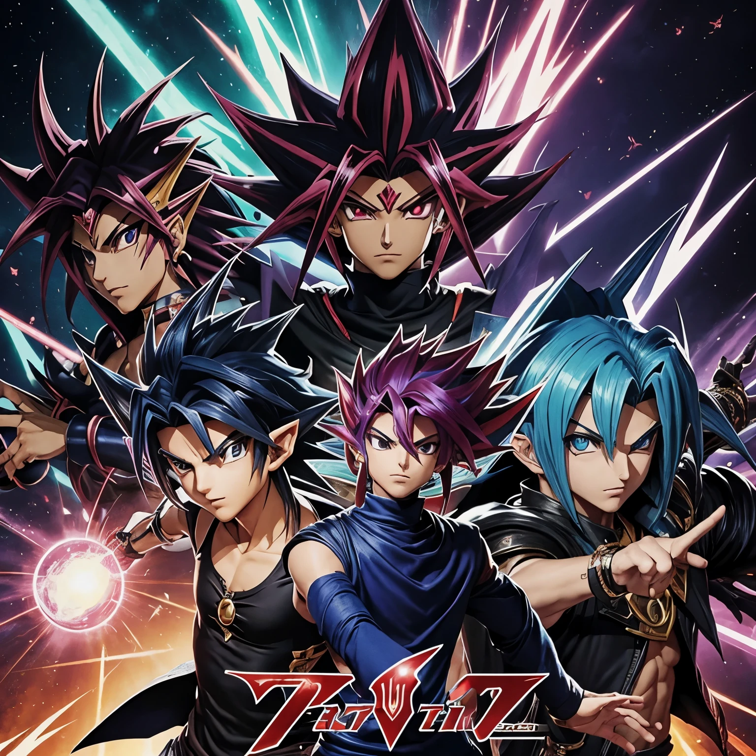 Crie uma imagem do caido de arbaz (carta do yugioh) with his fusions in the background