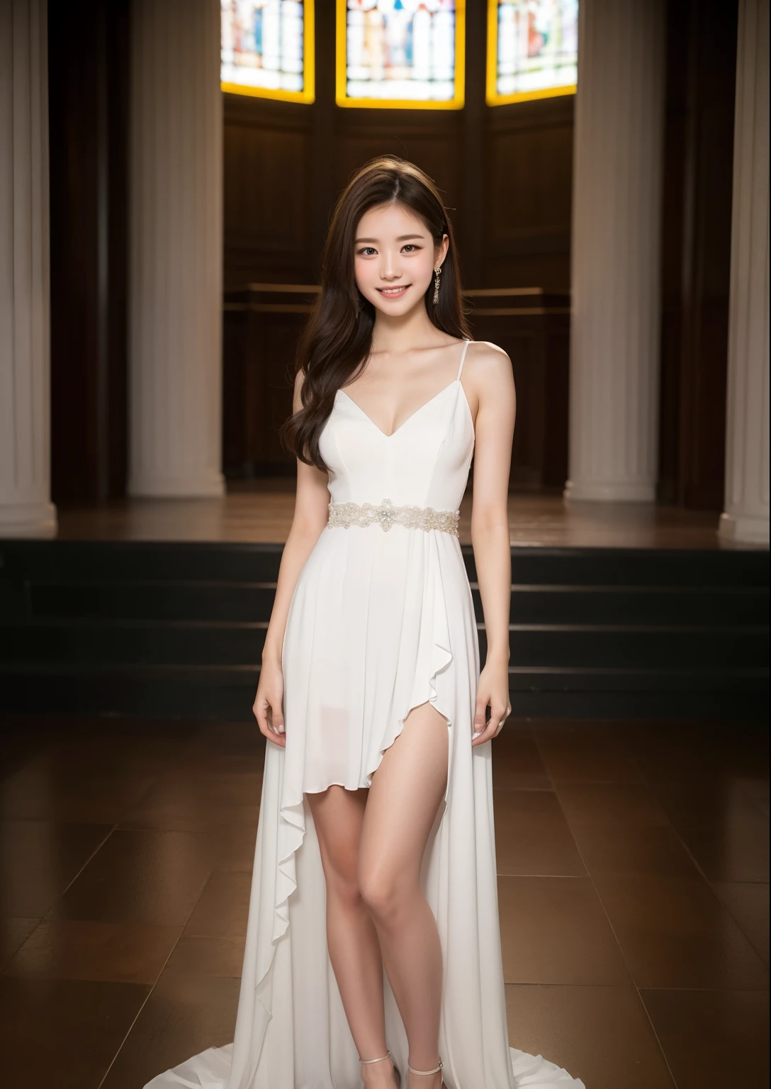 Beautiful 19 year old woman。She is wearing a classical dress for spring and summers that is dark tone color dress with many frills. She is smiling on illuminated by the evening church lights . romantic sunset. her dark brown hair. High resolution、masterpiece、highest quality、頭w:1.0、((Hasselblad Photos))、fine skin、(movie lighting)、clavicle . full body picture.