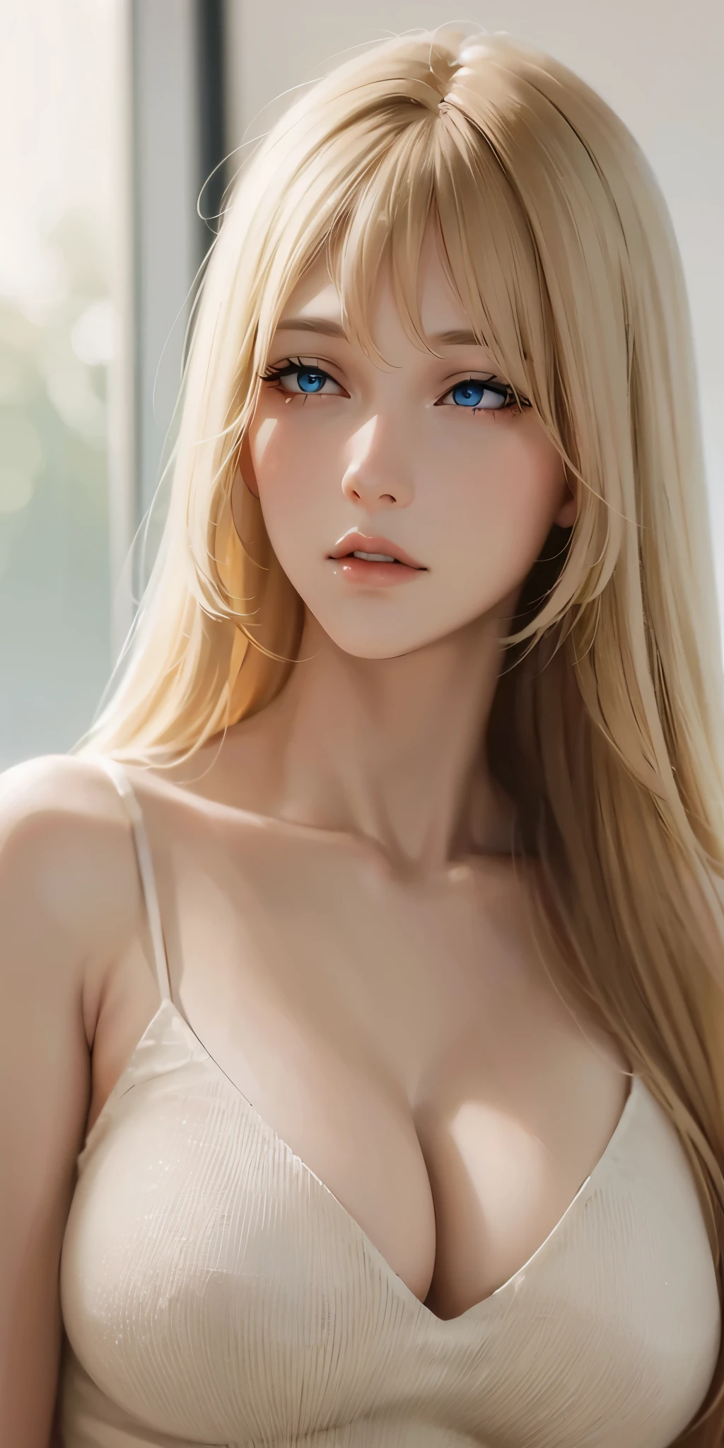 Realistic, elegant, adult woman, long neck, long blonde hair, bangs, casual shirt, cleavage, soft light, high quality, 4k resolution