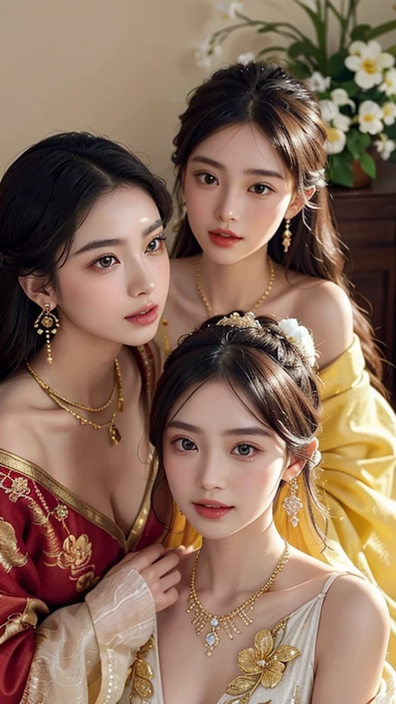in ancient，Two beauties entangled，Dressed in gorgeous and intricate costumes，Dazzling。They wore elaborate satin robes，Embroidered with delicate patterns with gold thread，Burst into bright colors。One of the beauties wore a red robe，It's like a burning flame，It shows her delicacy and touching。Another beauty in a lake blue robe，Like clear water waves in the sky，Show her freshness and softness。They wear ornate gold-encrusted gemstone necklaces around their slender necks，Gemstones shine with colorful sparkles，It reflects their noble temperament。Hair draped over the shoulders，Delicate hair is as soft as silk，Shining with a faint light。They braided their hair into a delicate bun，It is embellished with jade-clustered hairpins、Golden comb and flowers，It adds a little charm to them。The face of the beauty is fair and delicate，Just like white jade。Their foreheads are dotted with a pair of eyebrows that sparkle like night stars，Gently provoke，Like the eyes of a peach blossom，Fascinating。Their eyes are bright and deep，It's like a clear spring，At a glance。Their lips are rosy and full，Slightly upturned，Like a blooming cherry，Inspiring imagination。Two beauties with heavy makeup，The lips are red and the teeth are white。Their cheeks are coated with pear pollen，A slight smil，Bloom into a charming smile。The eye sockets are embellished with colorful jewelry，Make their eyes more confused and fascinating。They paired pearls with openwork gold earrings，It adds a little tenderness to itself。