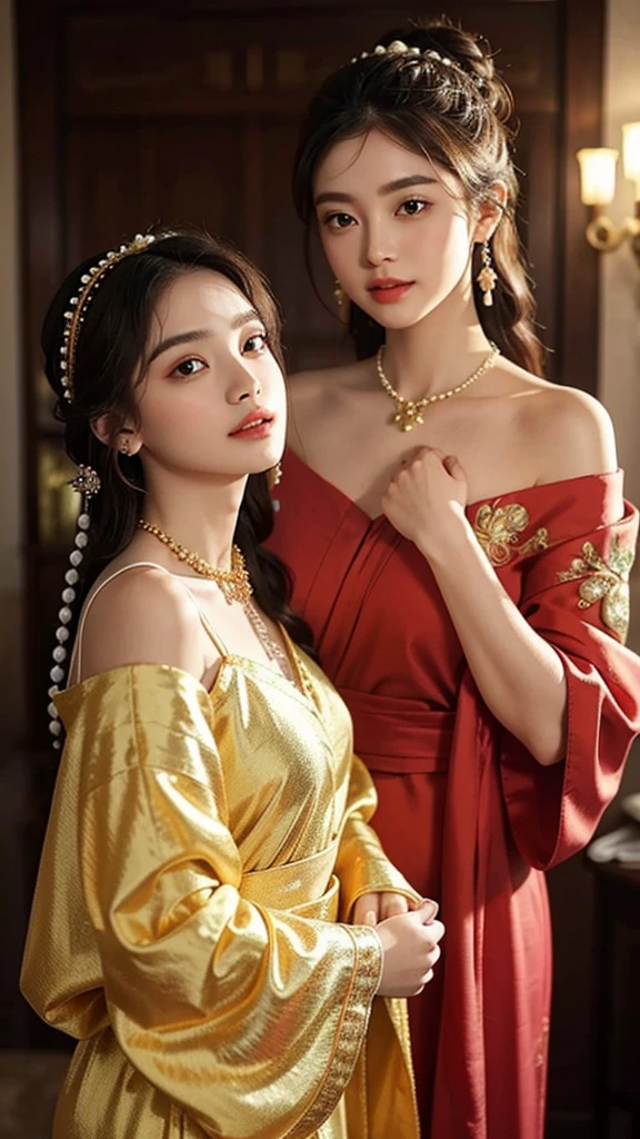 in ancient,Two beauties entangled,Dressed in gorgeous and intricate costumes,Dazzling。They wore elaborate satin robes,Embroidered with delicate patterns with gold thread,Burst into bright colors。One of the beauties wore a red robe,It's like a burning flame,It shows her delicacy and touching。Another beauty in a lake blue robe,Like clear water waves in the sky,Show her freshness and softness。They wear ornate gold-encrusted gemstone necklaces around their slender necks,Gemstones shine with colorful sparkles,It reflects their noble temperament。Hair draped over the shoulders,Delicate hair is as soft as silk,Shining with a faint light。They braided their hair into a delicate bun,It is embellished with jade-clustered hairpins、Golden comb and flowers,It adds a little charm to them。The face of the beauty is fair and delicate,Just like white jade。Their foreheads are dotted with a pair of eyebrows that sparkle like night stars,Gently provoke,Like the eyes of a peach blossom,Fascinating。Their eyes are bright and deep,It's like a clear spring,At a glance。Their lips are rosy and full,Slightly upturned,Like a blooming cherry,Inspiring imagination。Two beauties with heavy makeup,The lips are red and the teeth are white。Their cheeks are coated with pear pollen,A slight smil,Bloom into a charming smile。The eye sockets are embellished with colorful jewelry,Make their eyes more confused and fascinating。They paired pearls with openwork gold earrings,It adds a little tenderness to itself。