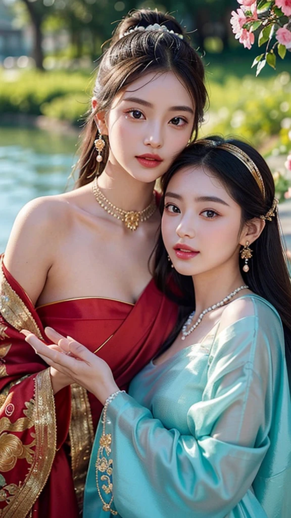 in ancient,Two beauties entangled,Dressed in gorgeous and intricate costumes,Dazzling。They wore elaborate satin robes,Embroidered with delicate patterns with gold thread,Burst into bright colors。One of the beauties wore a red robe,It's like a burning flame,It shows her delicacy and touching。Another beauty in a lake blue robe,Like clear water waves in the sky,Show her freshness and softness。They wear ornate gold-encrusted gemstone necklaces around their slender necks,Gemstones shine with colorful sparkles,It reflects their noble temperament。Hair draped over the shoulders,Delicate hair is as soft as silk,Shining with a faint light。They braided their hair into a delicate bun,It is embellished with jade-clustered hairpins、Golden comb and flowers,It adds a little charm to them。The face of the beauty is fair and delicate,Just like white jade。Their foreheads are dotted with a pair of eyebrows that sparkle like night stars,Gently provoke,Like the eyes of a peach blossom,Fascinating。Their eyes are bright and deep,It's like a clear spring,At a glance。Their lips are rosy and full,Slightly upturned,Like a blooming cherry,Inspiring imagination。Two beauties with heavy makeup,The lips are red and the teeth are white。Their cheeks are coated with pear pollen,A slight smil,Bloom into a charming smile。The eye sockets are embellished with colorful jewelry,Make their eyes more confused and fascinating。They paired pearls with openwork gold earrings,It adds a little tenderness to itself。