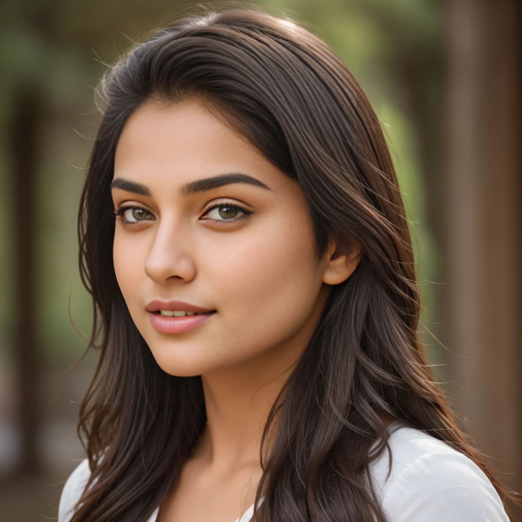 A face of an attractive Indian woman 20 y.o., front shot, full face profile, immensely beautiful, Oval Face, Fair Skin, long brown Hair, hazel Eyes, beautiful and detailed eyes, Beautiful Nose, Thick Lips, Round Chin, Instagram model, cheerful smile, Masterpiece, 8k, uhd, hyperrealistic, award winning, RAW photo, ultra high quality, 35mm photograph, film grain, professional, highly detailed