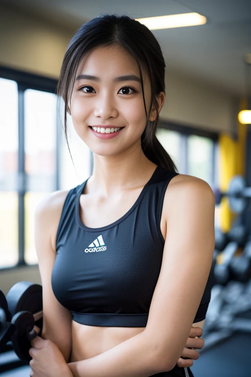 (8k, RAW Photos, highest quality, masterpiece:1.3), (Realistic, photo-Realistic:1.4), (Highly detailed 8k wallpaper), Sharp focus, Written boundary depth,
 Japanese Idols,very cute,(Baby Face), (Training wear:1.3),(Shortcuts : 1.3), Look at us and laugh, whole body, Are standing, Highly detailed face and eyes,((Shiny skin:1.2)), Cinema Lighting, Soft Light, Blur the background, Gym)