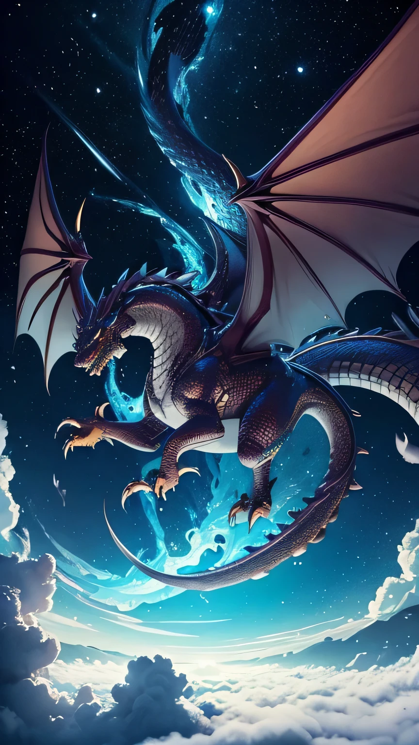 A stately god who appears in Japanese legends々Shining Dragon, The dragon is flying gracefully above the clouds, The dragon has flowing curves, shiny scales and flaming eyes.