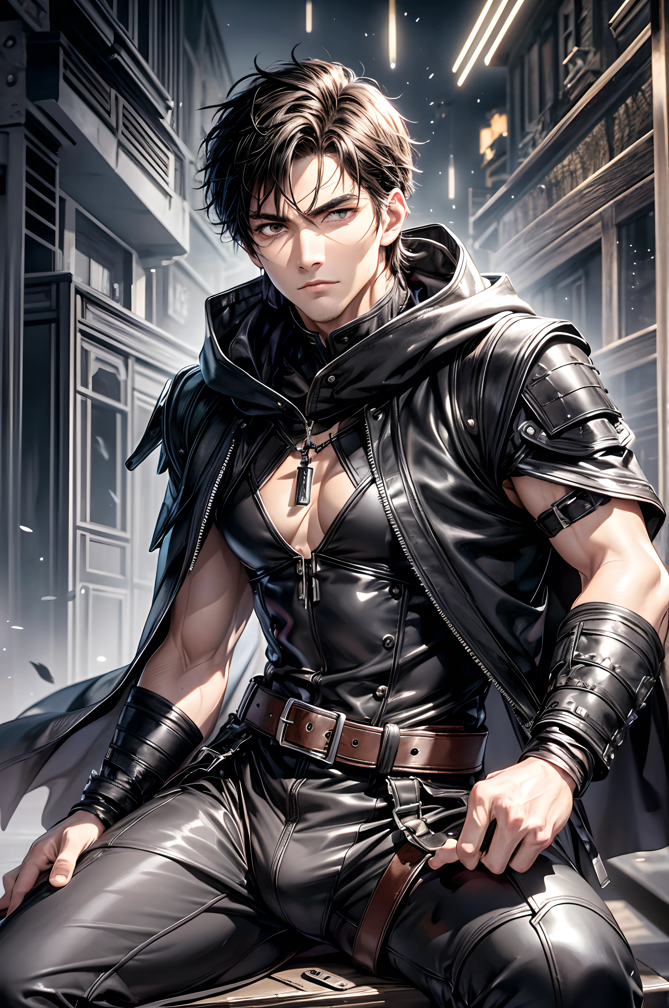 (absurderes, hight resolution, ultra-detailliert), 1 male, Adult, Handsome, High muscular face, broad shoulders, finely detailed eyes, Short black hair, Brown eyes, Black cloak, Wearing a hood, Leather Vest, Leather bag at waist.............., 2 daggers on the belt, castle, Medieval atmosphere, Natural Light and Shadow, Bright particles fly around a person, Fantastic, Mysterious, Bright glow, Seated Pose, Serious expression, Cold, thoughtful, Mouth Shut