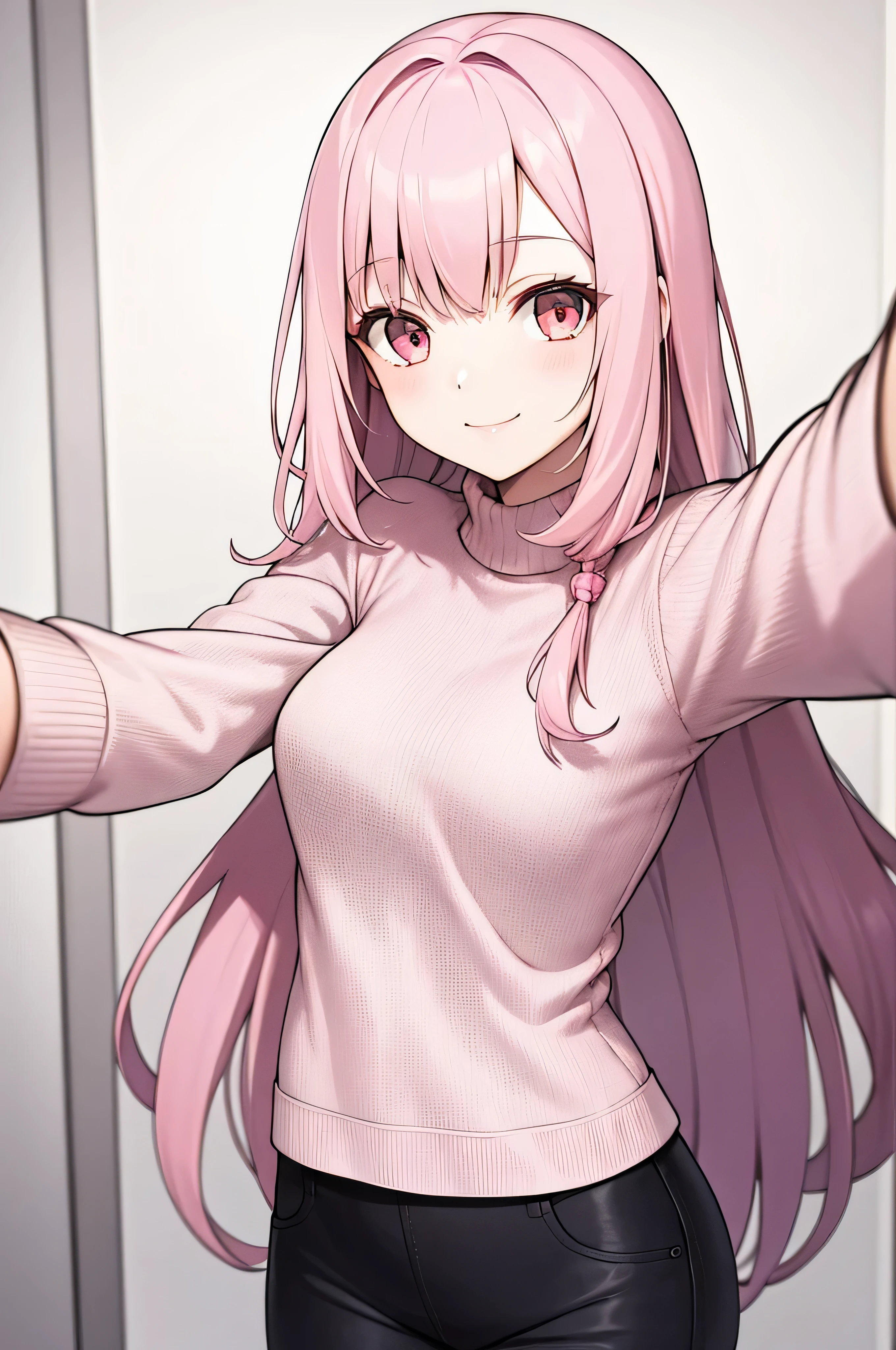1girl, selfie , long pink hair,Pink sweater,smile