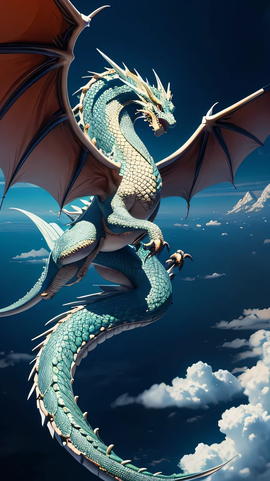 A stately god who appears in Japanese legends々Shining Dragon, The dragon is flying gracefully above the clouds, The dragon has flowing curves, shiny scales and flaming eyes.