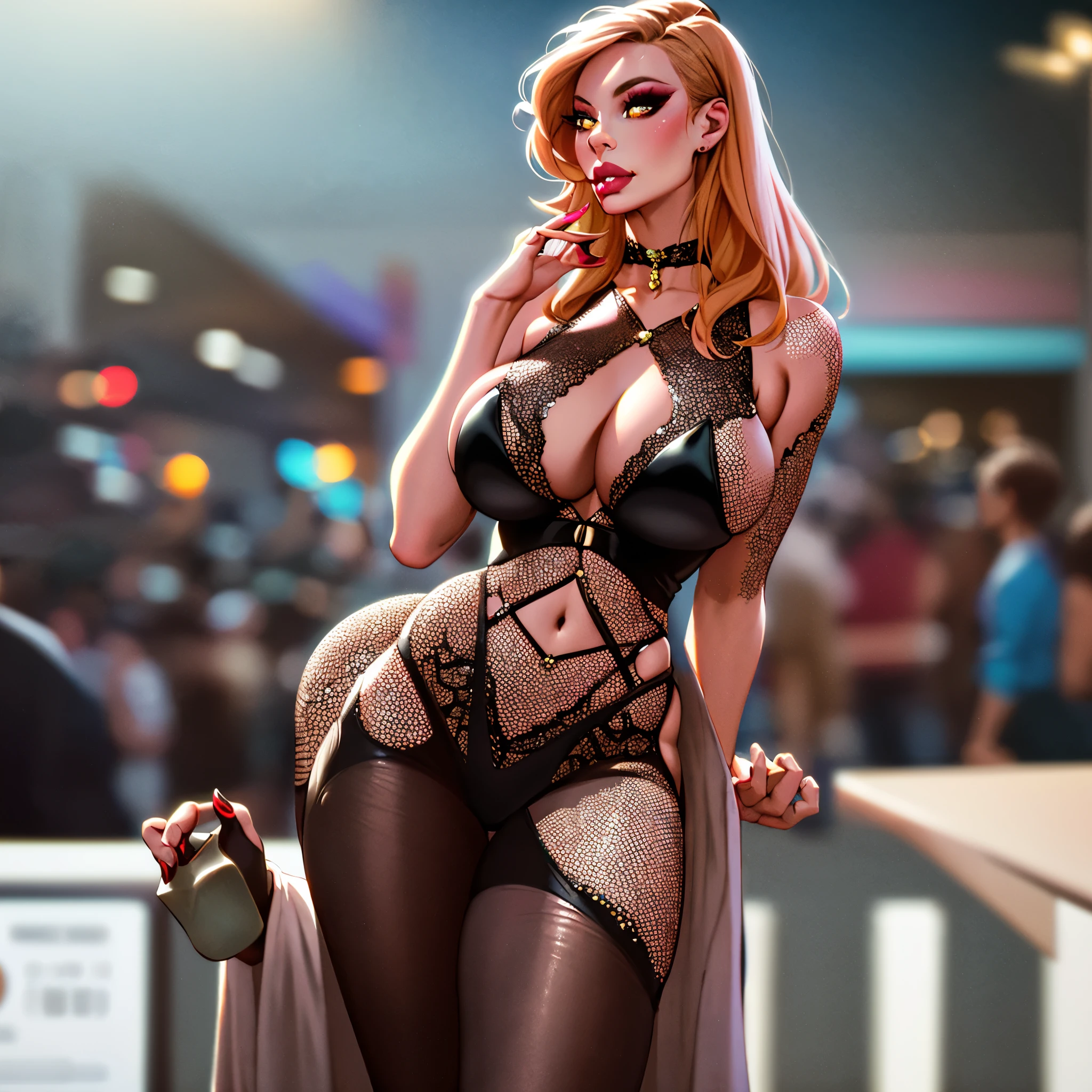 (best quality,4k,8k,highres,masterpiece:1.2),ultra-detailed,(realistic,photorealistic,photo-realistic:1.37),HDR,UHD,studio lighting,ultra-fine painting,sharp focus,physically-based rendering,extreme detail description,professional,vivid colors,bokeh,portraits,photography,night scene,dark atmosphere,warm color tones,neon lights,cityscape,urban environment,street view,fashionable,trendy,hustle and bustle. Gates McFadden(age 30, dressed in shimmering micro skirt, fishnets, and a revealing micro top, her makeup is bold and her hair is stylishly done), with her attractive appearance and confident demeanor, is strolling through the vibrant streets of Bangkok at night. The bustling cityscape serves as her backdrop, filled with dazzling neon lights that create a mesmerizing and dreamy ambience. The streets are filled with energy, and the beautiful contrast between light and shadow adds depth to the scene. As Gates walks, her hunger becomes apparent, and a subtle expression of anticipation reveals her desire for a fulfilling culinary experience. The aroma of the street food stalls wafts through the air, tempting her senses and enticing her taste buds. Her eyes are drawn to the vibrant colors of the food as vendors skillfully prepare their specialties. The atmosphere of the scene is bathed in warm color tones, enhancing the richness and depth of the surroundings. The city's nightlife comes alive as the neon lights cast an ethereal glow on the cityscape. The intricate details of the urban environment, from the bustling crowd to the unique architecture, are captured in ultra-detailed perfection. The portrait of Gates McFadden takes center stage in this scene, allowing her captivating beauty and magnetic presence to shine through. With each step she takes, her flirtatious charm becomes more evident, captivating those who catch a glimpse of her. The combination of her confident stride and alluring attire turns heads and evokes a sense of intrigue among passersby. The studio