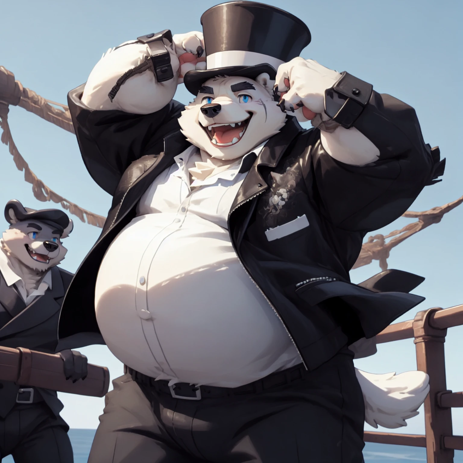 New Jersey 5 Furry,polar bear,portrait,Exquisite, Chubby,Fat,Thick arms,Rugged muscles,White plush fur,Chubby脸,Black eyebrows,Sky blue eyes,Beard,On a large sailing ship,Top Hat,White shirt,Black leather jacket,Pants,gentleman,Playful laugh