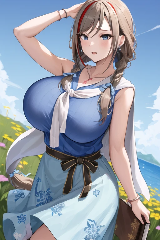 masterpiece, best quality, highres, aanatsume, long hair, multicolored hair, twin braids, hair ribbon, blue ribbon, hair over shoulder, earrings, collarbone, necklace, stole, blue shirt, sleeveless, bracelet, sash, black ribbon, floral print, blue skirt, standing, cowboy shot, outdoors, field, blue sky, holding book, book, ((gigantic sagging breasts, large breasts, gigantic breasts, sagging breasts)),(saggy tits:1.1),(sagging breast:1.1),(huge breasts:1.8)