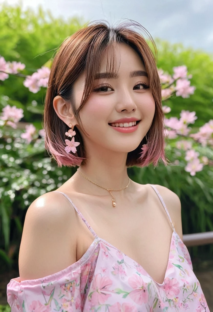 23 years old Japanese Beauty woman Flower Park whole body Light brown hair Turning around high resolution Uncle Preference Ahegao Cute Straight Bob Glossy face Wet, shiny skin Earrings Depth of written border Pointed pale pink mouth clavicle spring fashion smile
