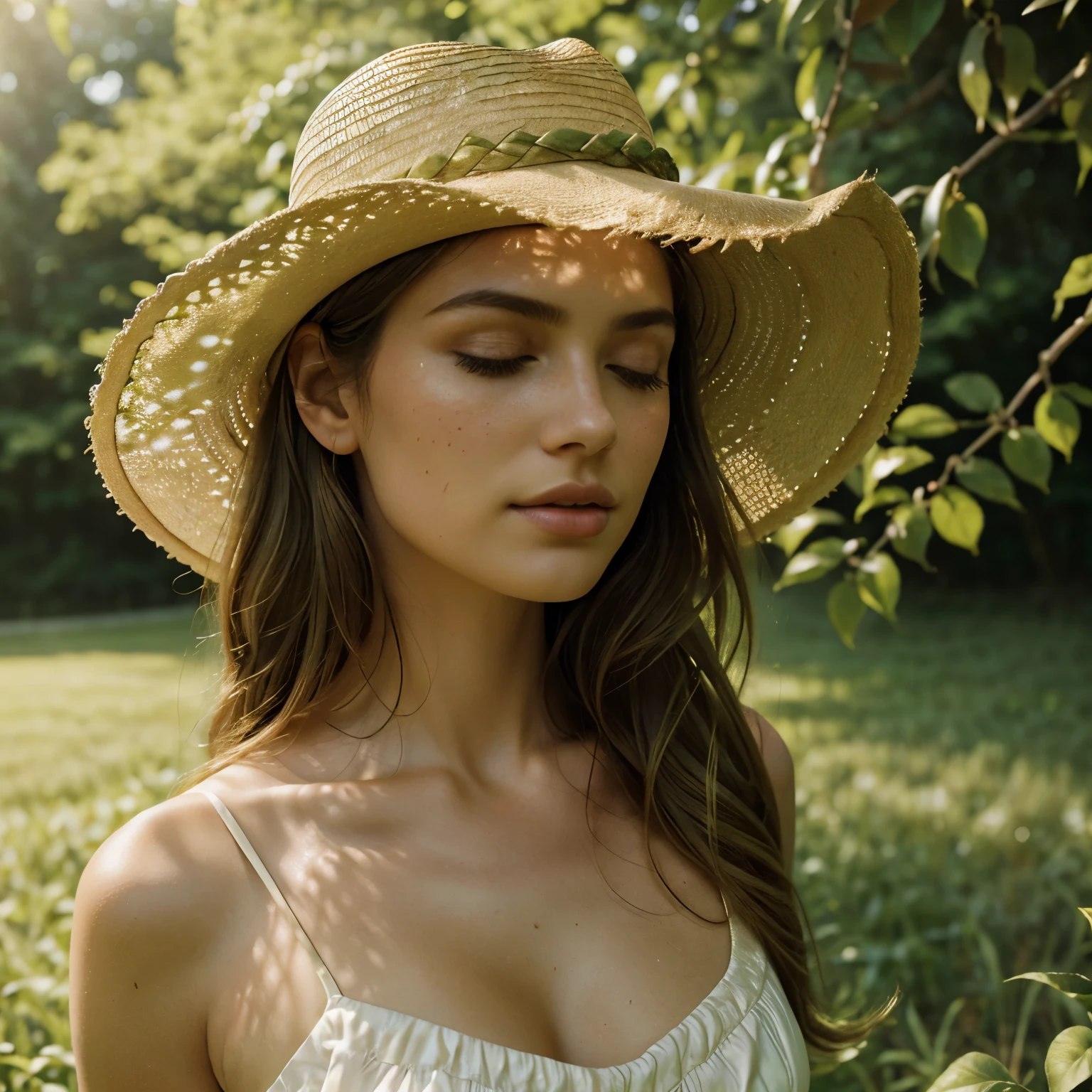 (Best quality, Ultra-detailed, Golden ratio, Masterpiece: 1.1), Continental sunlight: 0.8, Photo of a young woman, reclining effortlessly against the backdrop of lush, emerald green grass, Perfect physique, toned muscles, Sun-kissed skin, (Long, wavy golden hair), serene expression, full bloom, Chestnut eyes gently closed, Natural beauty, (Highly detailed skin), Sensuous lips parted slightly, captured in the soft focus of a dream, Dappled sunlight filters through the trees, charming landscape, Long, lingering gaze, deep connection to nature, (Straw hat covers her eyes), Care