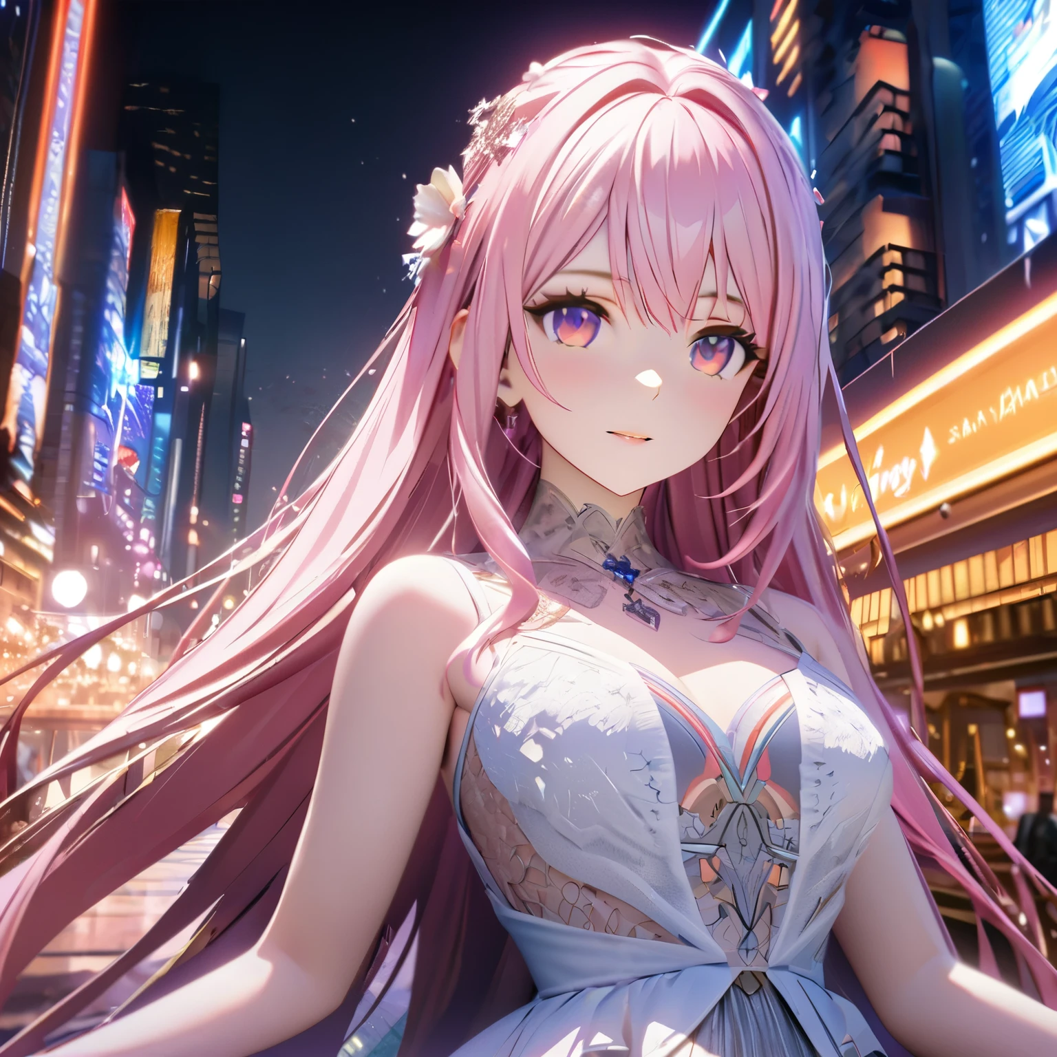 masterpiece、highest quality、High definition、High resolution、Expensive resolution、High definition、4K、8k、Unity 8k wallpaper、High definitionCG、masterpiece、Real、2D、3D、Beautiful details、depth、Fine texture、Super Quality:1.3、 perfect concentration、Create an anime-style illustration of a character wearing an elaborate Hawaiian dress decorated with flowers and jewels against a bright night beach background. Draw a close-up of the upper body. The dress should have multiple layers and ruffles, with jewels of different colors embedded throughout. The Saya-sama character's face is also drawn in detail on the hair. Pink's character's pink hair should be long and flowing to complement the intricate design of the dress. The cityscape at night should be vibrant. The streets are lit up in different colors and the streets are buzzing with lights indicating an active nightlife. Includes light reflections from buildings in the body of water between them.