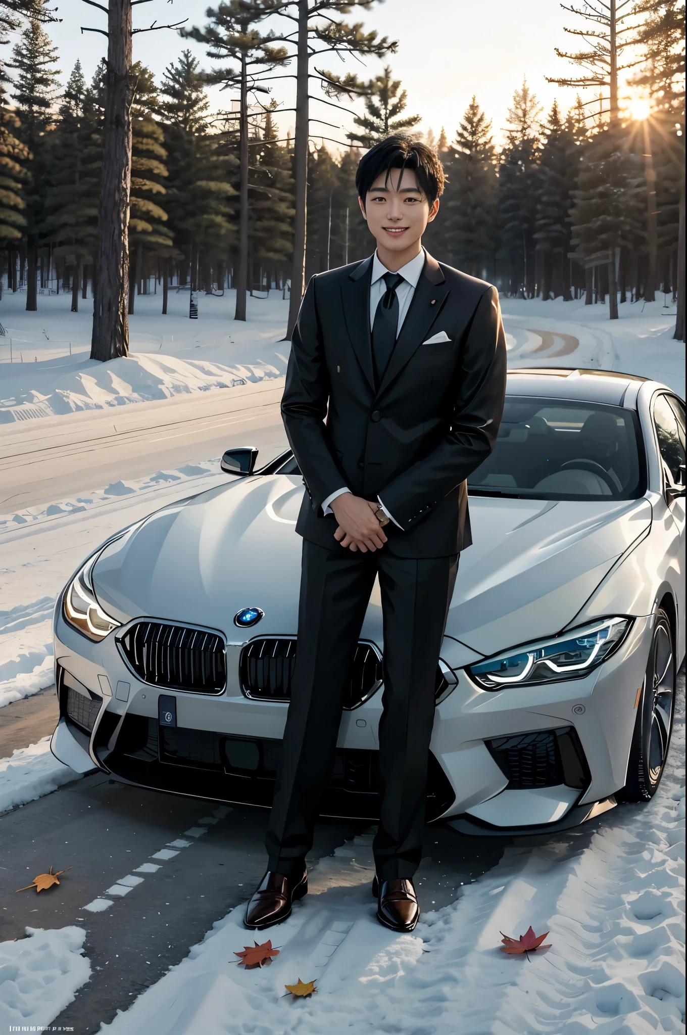 A young but looks matured Japanese man wears a suit, tie and leather shoes. smiling and standing next to a white BMW840i, autumn forest, sunset, leaves falling, first snow,
