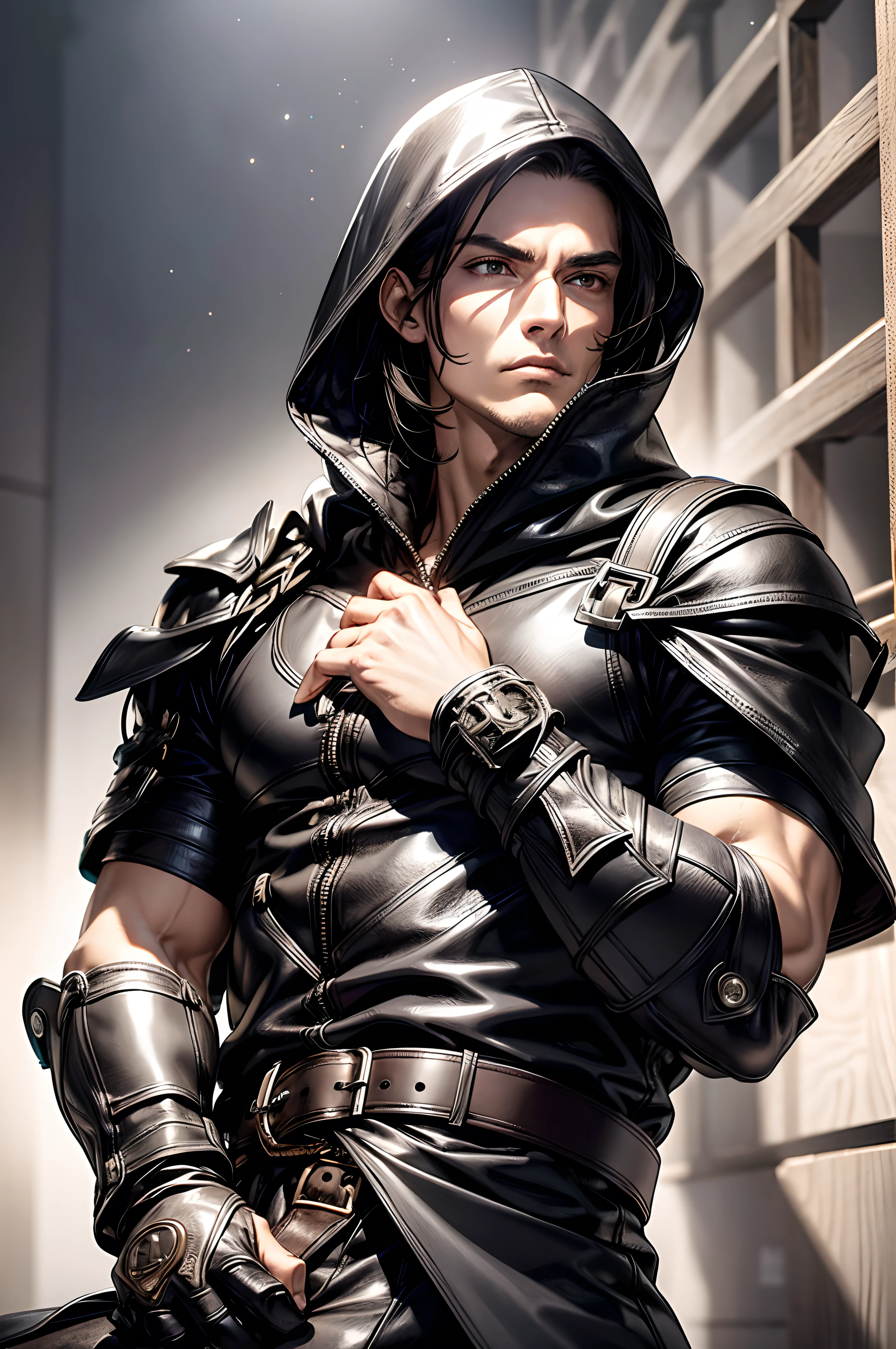 (absurderes, hight resolution, ultra-detailliert), 1 male, Adult, Handsome, High muscular face, broad shoulders, finely detailed eyes, Short black hair, Brown eyes, Black cloak, Wearing a hood, Leather Vest, Leather bag at waist., 2 daggers on the belt, castle, Medieval atmosphere, Natural Light and Shadow, Bright particles fly around a person, Fantastic, Mysterious, Bright glow, Seated Pose, Serious expression, Cold, thoughtful, Mouth Shut