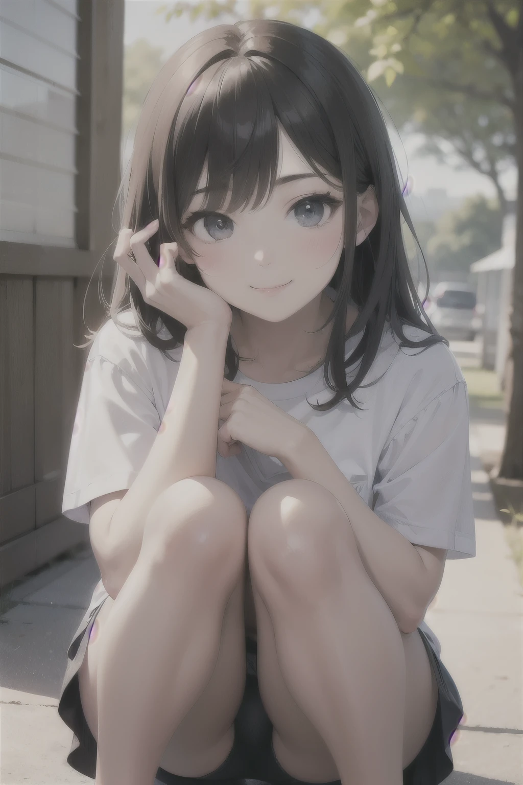 ((best quality)), ((masterpiece)), (detailed), perfect face, 1girl in、A smile、Underwear、Cute underwear、Upper body portrait、Squatting panchira、