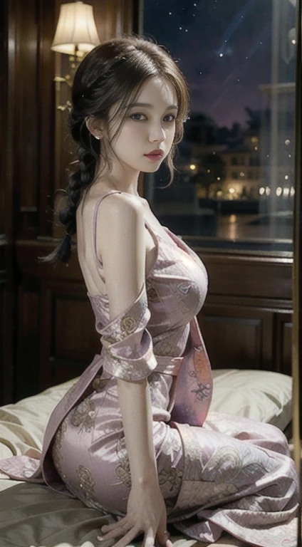 This work of art is、It depicts an attractive woman in a flowing dress, Silky traditional oriental dress, pink, Decorated with intricate patterns and vibrant colors. Her dress gracefully covers her curves, Accentuate her  silhouette. She sits gracefully beneath the silent moon, Wrapped in the soft glow of the moonlight. This scene exudes a fantastical, dreamlike atmosphere., Adds mystery and sexiness. The graphic style combines watercolor and digital illustration techniques.、Evokes sophisticated beauty and charm。. The light is filled with soft moonlight, It casts soft highlights and shadows on her attractive features..  thighs, , Three-dimensional facial features, sitting in front of the mirror, Narrow waist, Beautiful back, Side braid