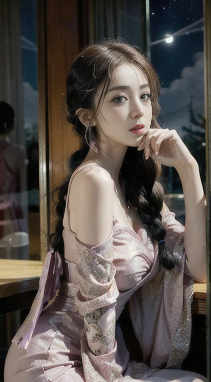 This work of art is、It depicts an attractive woman in a flowing dress, Silky traditional oriental dress, pink, Decorated with intricate patterns and vibrant colors. Her dress gracefully covers her curves, Accentuate her seductive silhouette. She sits gracefully beneath the silent moon, Wrapped in the soft glow of the moonlight. This scene exudes a fantastical, dreamlike atmosphere., Adds mystery and sexiness. The graphic style combines watercolor and digital illustration techniques.、Evokes sophisticated beauty and charm。. The light is filled with soft moonlight, It casts soft highlights and shadows on her attractive features.. Bare thighs, Big Breasts, Three-dimensional facial features, sitting in front of the mirror, Narrow waist, Beautiful back, Side braid