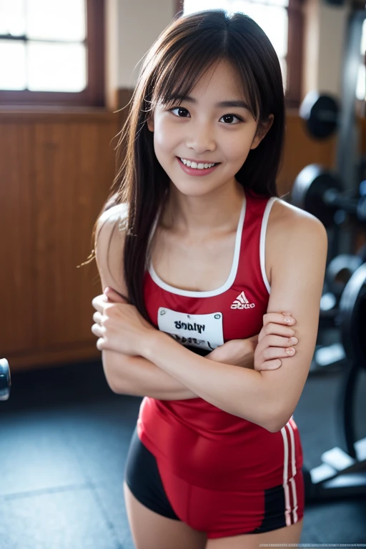 (8k, RAW Photos, highest quality, masterpiece:1.3), (Realistic, photo-Realistic:1.4), (Highly detailed 8k wallpaper), Sharp focus, Written boundary depth,
Japanese Idols,very cute,(), (Training wear:1.3),(Shortcuts : 1.3), Look at us and laugh, (whole body, Are standing:1.3), Highly detailed face and eyes,((Shiny skin:1.2)), Cinema Lighting, Soft Light, Blur the background, Gym)