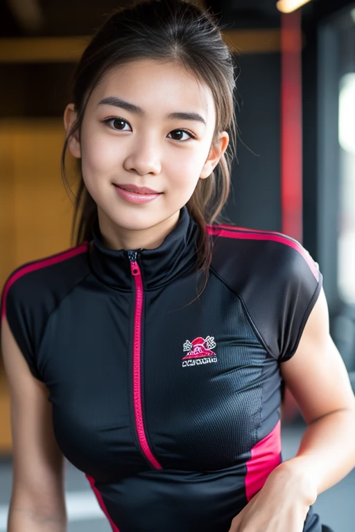 (8k, RAW Photos, highest quality, masterpiece:1.3), (Realistic, photo-Realistic:1.4), (Highly detailed 8k wallpaper), Sharp focus, Written boundary depth,
Japanese Idols,very cute,(Baby Face), (Training wear:1.3),(Shortcuts : 1.3), Look at us and laugh, (whole body, Are standing:1.3), Highly detailed face and eyes,((Shiny skin:1.2)), Cinema Lighting, Soft Light, Blur the background, Gym)