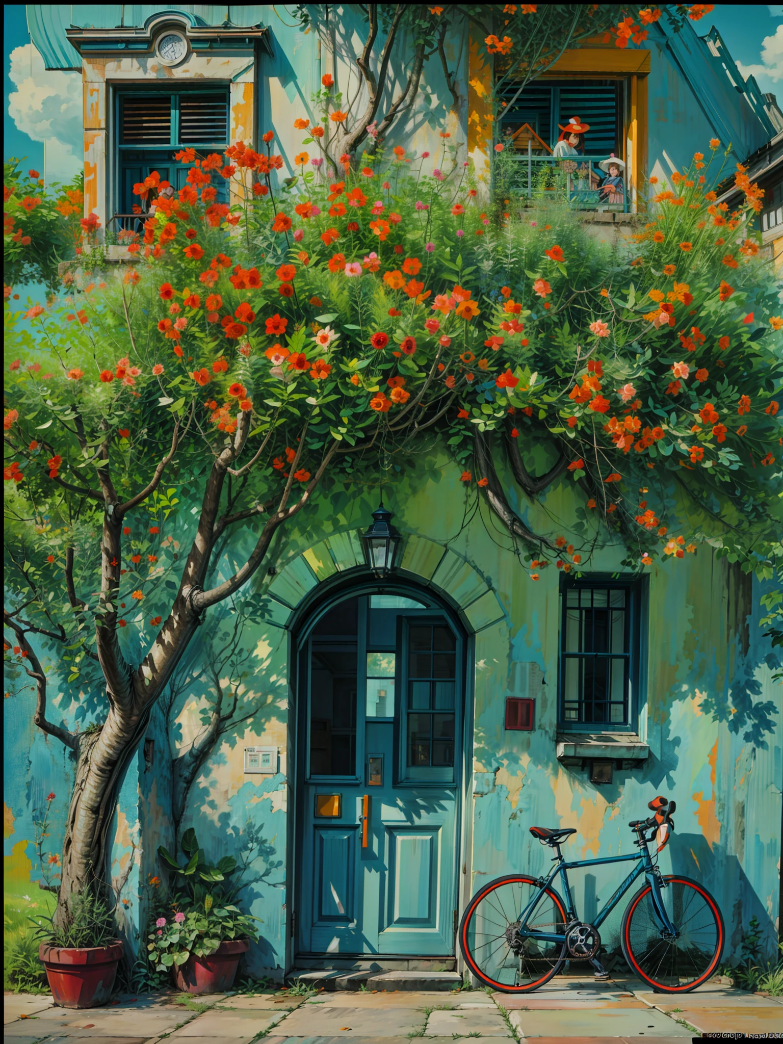 Painting of a bicycle parked in front of a green building, orange and teal, orange and turquoise, orange and teal color, teal and orange, turquoise and orange, teal orange color palette, teal and orange colours, teal and orange colour palette, cyan and orange, teal and orange colors, teal orange, orange flowers, teal orange color scheme, 4k hd,, beautiful art uhd 4 k, a beautiful artwork illustration, beautiful digital painting, highly detailed digital painting, beautiful digital artwork, detailed painting 4 k, very detailed digital painting, rich picturesque colors, gorgeous digital painting