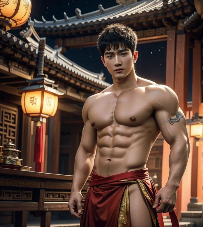 Chinese Men God, Mythology, Chinese odyssy, Handsome, Twink, Topless, Muscles, Athlete body, Full Frame, Sexy, Professional Lighting, Hanfu Outfit, Chinese Heaven Background, Bulge Underneathe Underwear, Sexy big bulge, Hanfu Warrior, Hanfu God, Hanfu Male, Hanfu Nobel, Seduce, Sex Appeals, Alafard man shirtless carrying a backpack, muscular body, handsome, manly, inspirite by Zhang Han, Cai Xukun, Kim Do-young, Inspired by Bian Shoumin, Inspired by Xiao Yuncong, yihao ren, yanjun cheng, jinyiwei, inspired by Huang Gongwang, xintong chen, Jacket, wearing japanese loincloth,nice butts, Tattoo chest, tattoo hands, tattoo arms, tattoo belly, clear studio light, night ancient chinese Buddhism temple background, detailed background, fantasy Chinese themed, the best resolution, 8k, Ultra fullHD, look at the viewer, catching eyes,