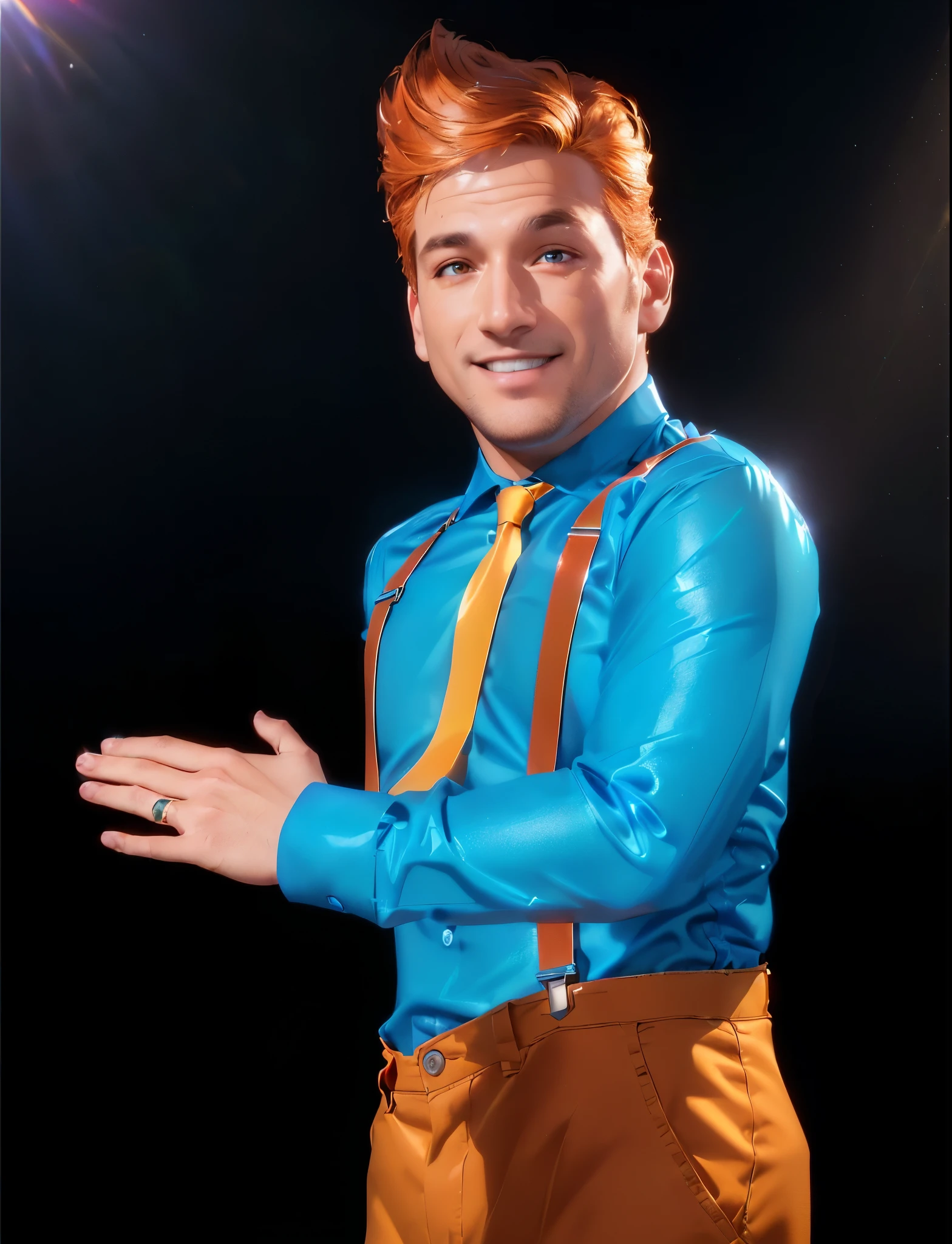 A man with orange hair and makeup, wearing a blue shirt, yellow tie, and brown pants with suspenders. He has his hands out as if to hold or support something. glossy texture, smooth 3d model, multiple light sources, rim light, sharp post effects render, (glossy plastic texture with multiple big light probe refractions), perfect cgi, smooth silhouette, high intensity refraction, (super glossy material), most beautiful vfx, blue background, plastic refractions, realistic, 4k, high resolution, rim light, photo shoot, commercial photo, profile shot, 4k, rim light, high resolution, 4k, glossy texture, smooth 3d model, multiple light sources, rim light, sharp post effects render, (glossy metallic texture with multiple big light probe refractions),