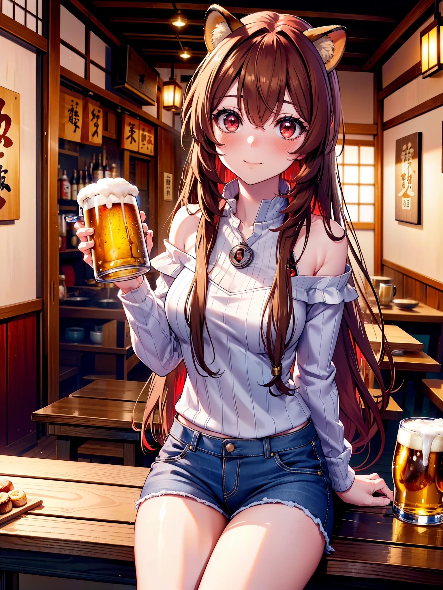 Raphtalia, Raphtalia, Animal ears, Brown Hair, Long Hair, Raccoon Ears, Raccoon Girl, racoon tail, (Red eyes:1.5), smile,blush,I'm drunk,tail,smile,Off-shoulder knitted tops,Short denim,Black knee socks,There is food and beer mugs on the table,Holding a beer mug in both hands,Sitting in a chair,Break indoors,Izakaya ,壊す looking at viewer, (Cowboy Shot:1.5),highest quality, High resolution, unity 8k wallpaper, (shape:0.8), (Beautiful detailed eyes:1.6), extra detailed face, Perfect lighting, extremely details CG, (Perfect hands, Perfect Anatomy), (