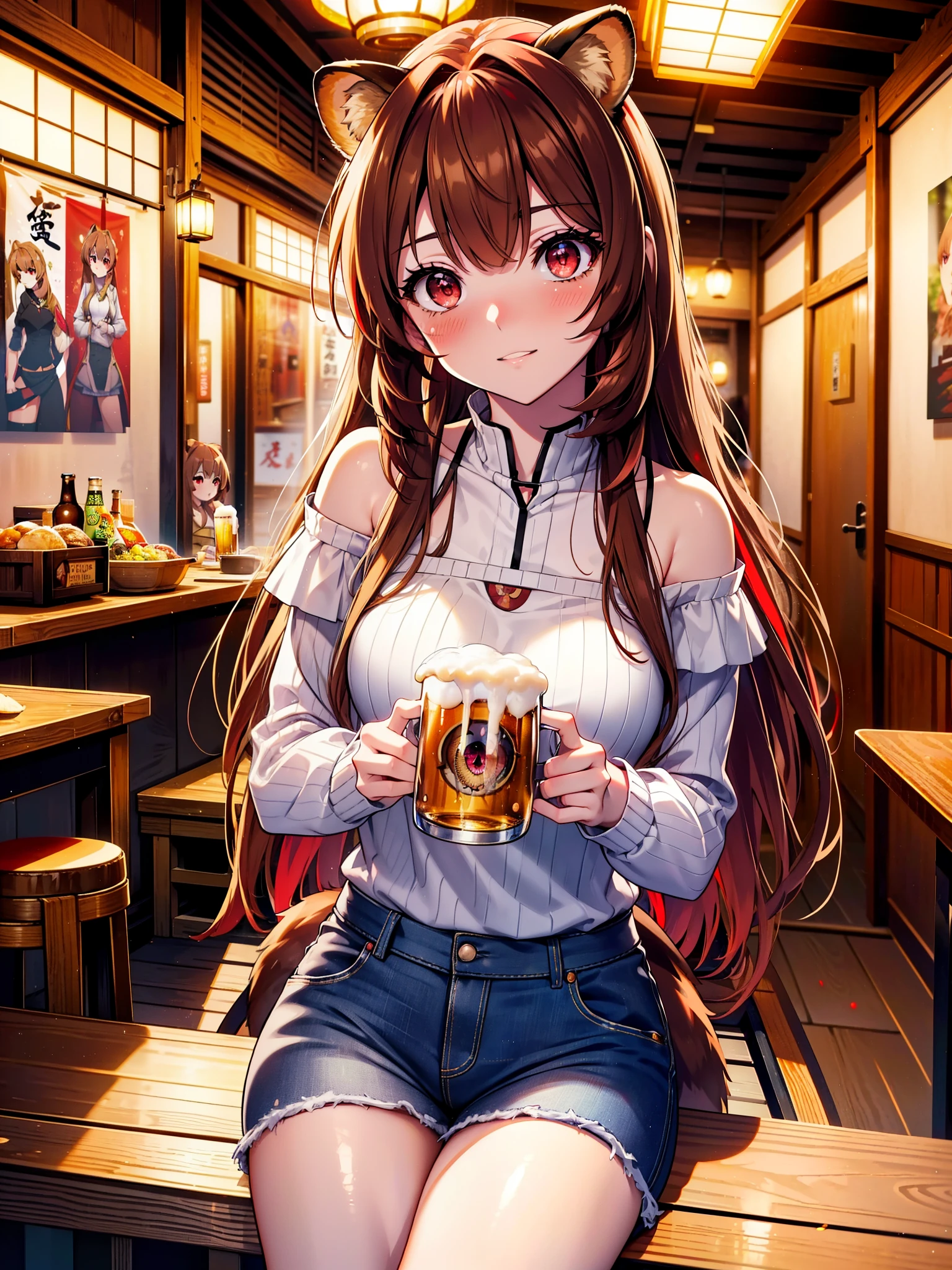 Raphtalia, Raphtalia, Animal ears, Brown Hair, Long Hair, Raccoon Ears, Raccoon Girl, racoon tail, (Red eyes:1.5), smile,blush,I'm drunk,tail,smile,Off-shoulder knitted tops,Short denim,Black knee socks,There is food and beer mugs on the table,Holding a beer mug in both hands,Sitting in a chair,Break indoors,Izakaya ,壊す looking at viewer, (Cowboy Shot:1.5),highest quality, High resolution, unity 8k wallpaper, (shape:0.8), (Beautiful detailed eyes:1.6), extra detailed face, Perfect lighting, extremely details CG, (Perfect hands, Perfect Anatomy), (