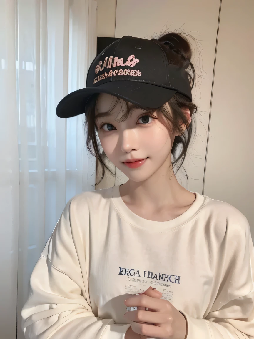 Best image quality、original photo、ultra high resolution、21 years old Korean、small breasts、dynamic angle、Cowboy shooting、The most beautiful form of chaos、elegant、Innovative design、bright colors、,light brown short hair、disheveled hair、light brown eyes 、black baseball cap(Smile)、short bob、Smile、Fair and shiny skin、beautiful eyes,random colors、The details are very beautiful、thin lips、Delicate and beautiful eyes、elongated eyes、Pale pink cheeks、long eyelashes、beautiful double eyelids、eye shadow、he、White Large T-shirt Sweatshirt、baggy pants、Shot from the side、sexy pose、enlarge