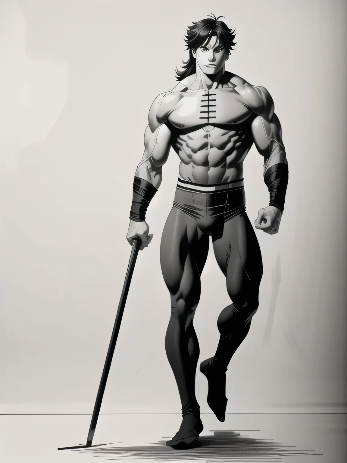 best quality, high resolution, manga, monochrome, handwritten style, hunk, plain grey tights, standing, from front, lower body shot, leg focus, iron fist,
