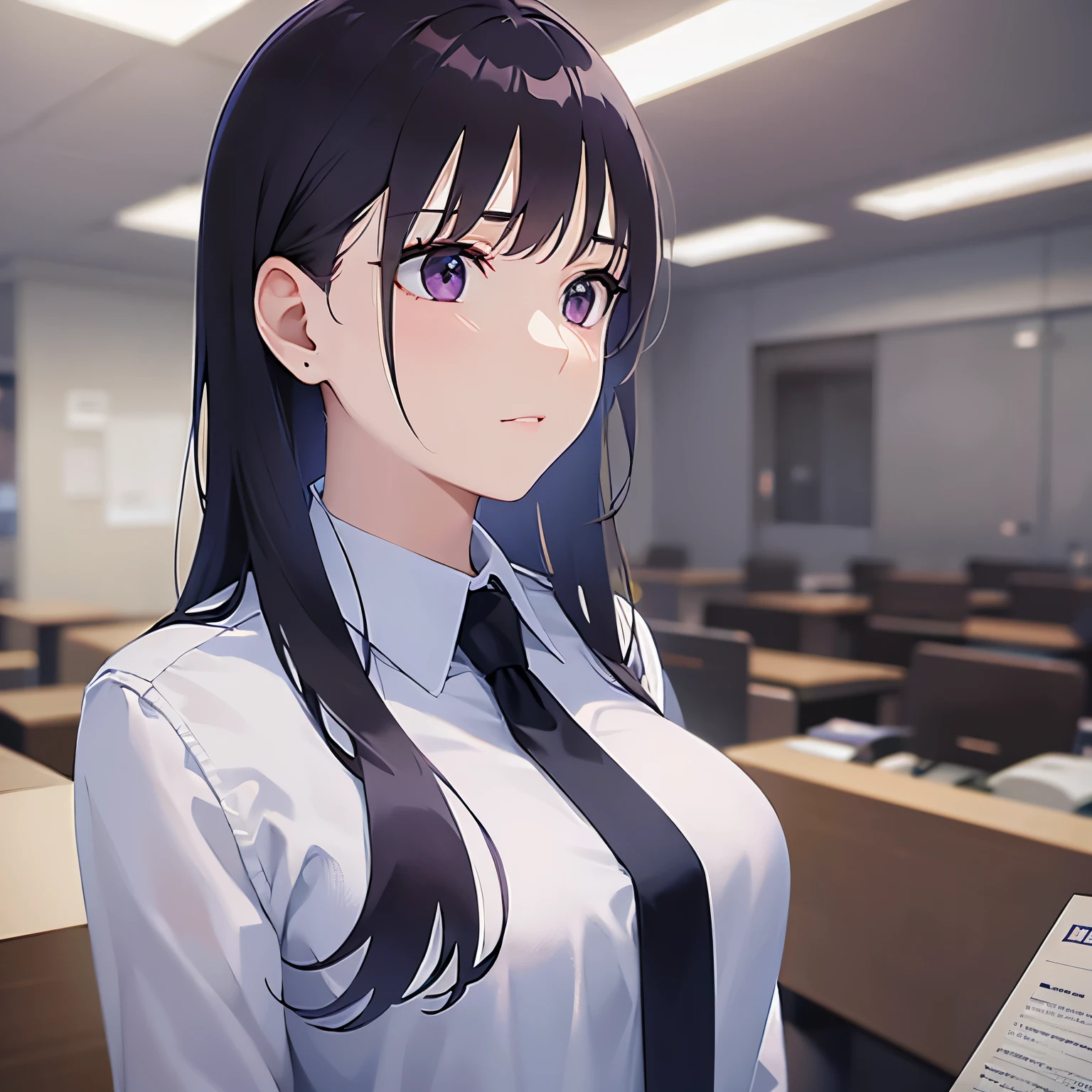 holding a document, side angle, (looking away:1.5), Upper Body, Realistic, real person, (pale skin: 1.2), RAW photo, photorealistic, portrait photography, shiny skin, shiny hair、(A 25-year-old woman with straight hair and bangs) and (medium hair) and (black hair) and (purple eyes) , (business suit:1.5) and (white shirt)、Expressionless, Background is an office room、Alone、Are standing