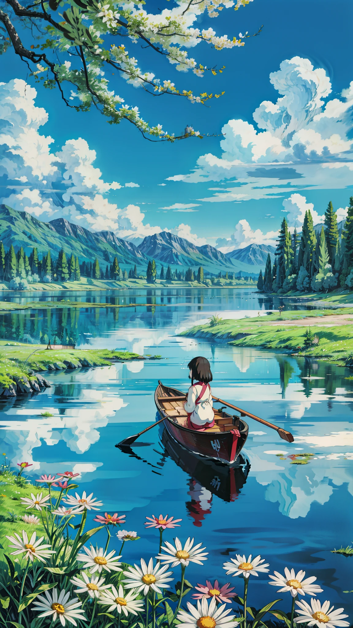 a girl sitting in a boat on a lake, anime beautiful peace scene, anime scenery, anime countryside landscape, beautiful anime scenery, anime nature wallpap, beautifull puffy clouds. anime, dream scenery art, anime landscape, anime scenery concept art, anime nature, makoto shinkai and (cain kuga), beautiful anime art,  4k hd, beautiful art uhd 4 k, a beautiful artwork illustration, beautiful digital painting, highly detailed digital painting, beautiful digital artwork, detailed painting 4 k, very detailed digital painting, rich picturesque colors, gorgeous digital painting