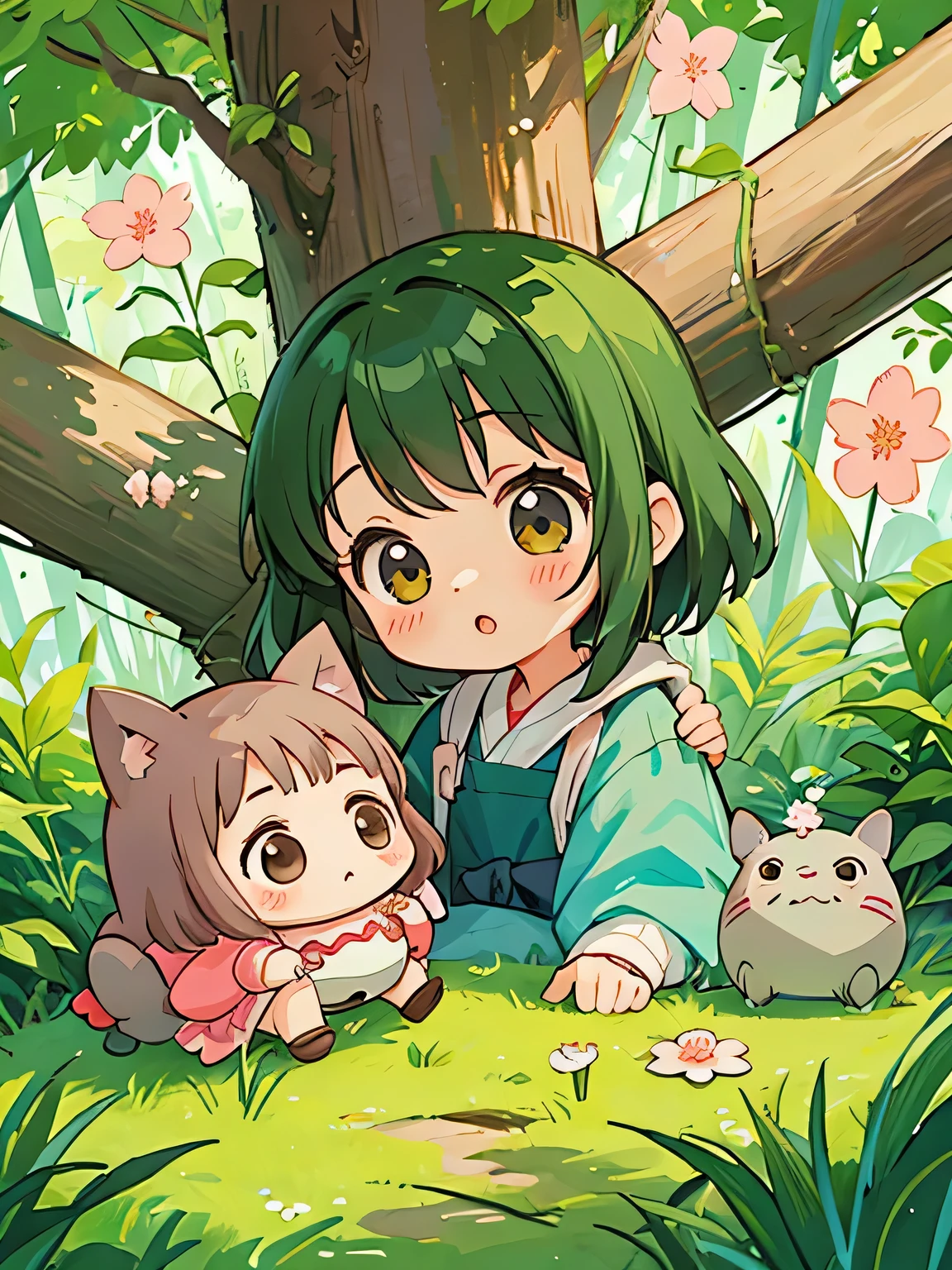 Momoko Sakura style, Kawaii Design, The most beautiful girl of all time、Chibi and her mother, play together、Totoro Forest