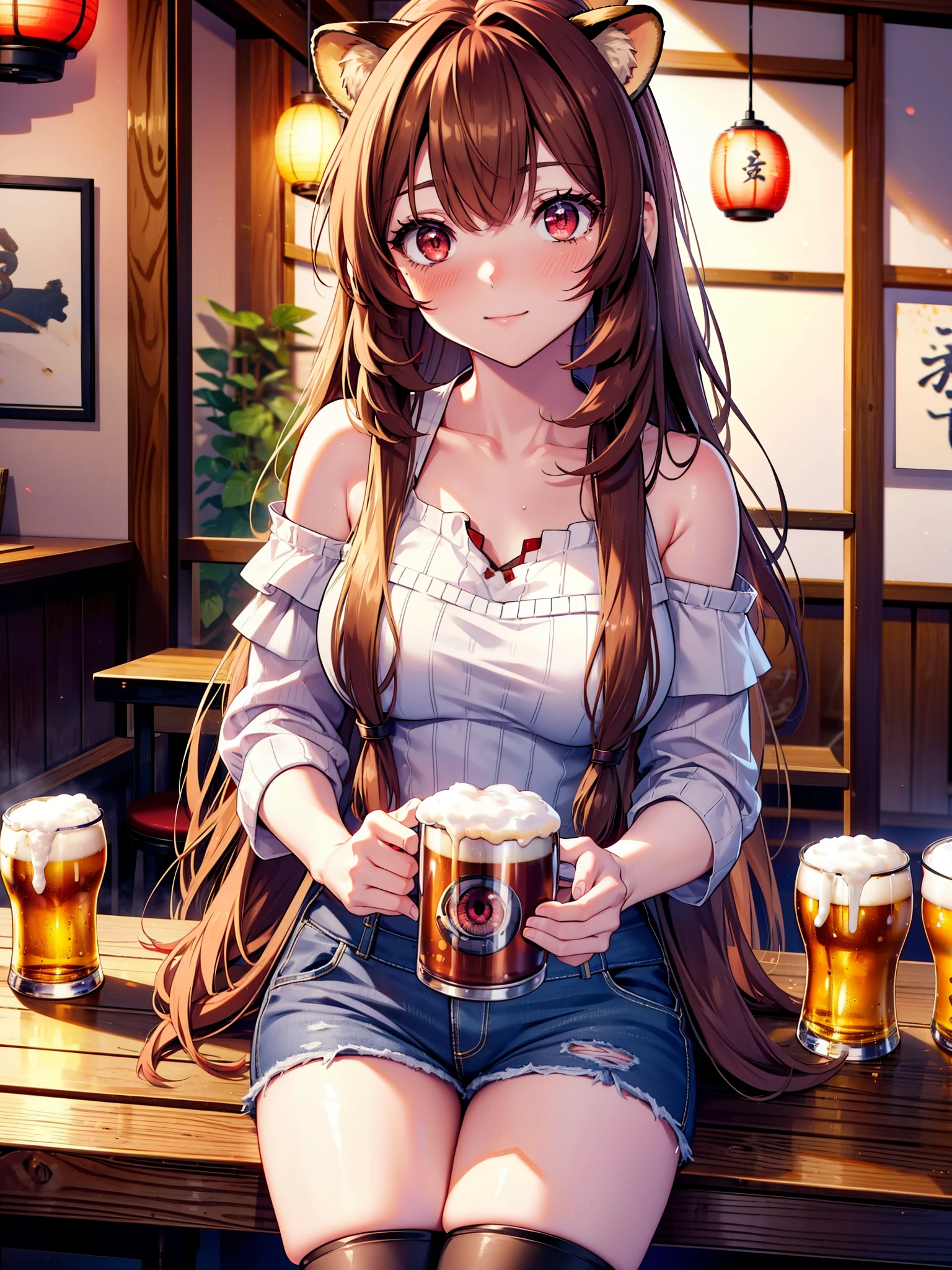 Raphtalia, Raphtalia, Animal ears, Brown Hair, Long Hair, Raccoon Ears, Raccoon Girl, racoon tail, (Red eyes:1.5), smile,blush,I'm drunk,tail,smile,Off-shoulder knitted tops,Short denim,Black knee socks,There is food and beer mugs on the table,Holding a beer mug in both hands,Sitting in a chair,Break indoors,Izakaya ,壊す looking at viewer, (Cowboy Shot:1.5),highest quality, High resolution, unity 8k wallpaper, (shape:0.8), (Beautiful detailed eyes:1.6), extra detailed face, Perfect lighting, extremely details CG, (Perfect hands, Perfect Anatomy), (