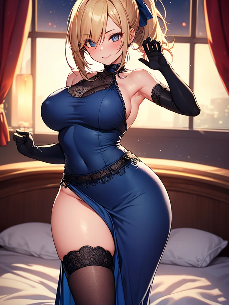 (highest quality, High resolution, perfect pixel, Depth of bounds written, 4K), full body, hotel room, detailed eyes, (1 lady), tall, (skinny body:1.2) , (thin thighs:1.2), large breasts, (side boob), blond hair, (ponytail:1.2), (midnight blue party dress:1.2), (long maxi-skirt:1.2), (sleeveless), bare back, (asymmetrical skirt), elbow gloves, (lace legwear), (standing), (seductive smile), blush, 