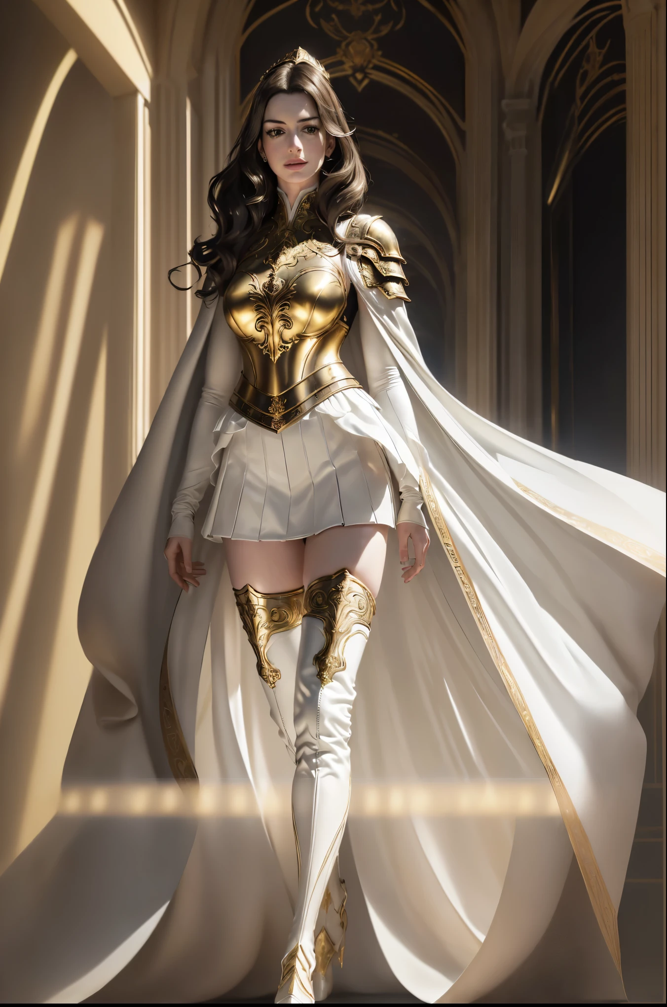 ((Anne Hathaway in ornate gold plate armor)), award winning concept art of tall (1girl) in ornate plate armor, royal, elegant, ((facing camera)), look at camera, eye contact, high long ponytail, dramatic long flowing white hair, model on runway, epic, god rays, centered, (masterpiece:1.2), (best quality:1.2), Amazing, highly detailed, beautiful, finely detail, warm soft color grading, Depth of field, extremely detailed 8k, fine art, stunning, iridescent, shiny, light reflections, crisp, curls, wind, outdoor palace, elegant frontal pose, hyper realism, vibrant, sunlit, edge detection, (white elegant miniskirt ), thigh high boots, knees, long flowing white cape, no panties 