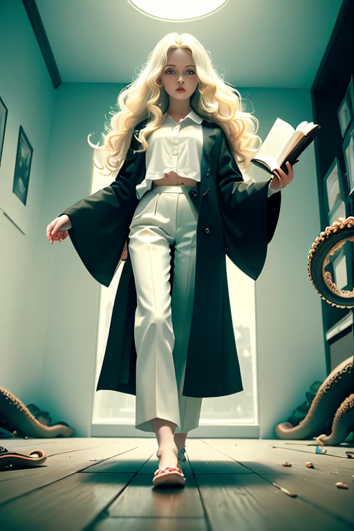 masterpiece, best quality, hyperrealistic, cinematic photo, 14 year old woman, pale skin, British amazing slim body with some curves, ((Tight white blouse)), ((Black trousers)), ((Holding an open book)), long blonde wavy hair, perfect thick legs, wide hips, perfect hands, bare foot, beautiful face, perfect face, youthful, (blured background), modern style, from below, (low-angle shoot), low_angle_human, towering, (full body shot), ((Standing, reading an open book)), underneath shot, (view viewer), looking at viewer,(8k, epic composition, photorealistic, sharp focus), detailed background, ((On a dark room)), ((dark tentacles crawling on the floor)), ((Evil spirits roaming on the walls)), inside illumination, night illumination, DSLR, foil grain