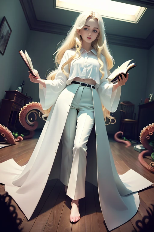 masterpiece, best quality, hyperrealistic, cinematic photo,  woman, pale skin, British amazing slim body with some curves, ((Tight white blouse)), ((Black trousers)), ((Holding an open book)), long blonde wavy hair, perfect thick legs, wide hips, perfect hands, bare foot, beautiful face, perfect face, youthful, (blured background), modern style, from below, (low-angle shoot), low_angle_human, towering, (full body shot), ((Standing, reading an open book)), underneath shot, (view viewer), looking at viewer,(8k, epic composition, photorealistic, sharp focus), detailed background, ((On a dark room)), ((dark tentacles crawling on the floor)), ((Evil spirits roaming on the walls)), inside illumination, night illumination, DSLR, foil grain