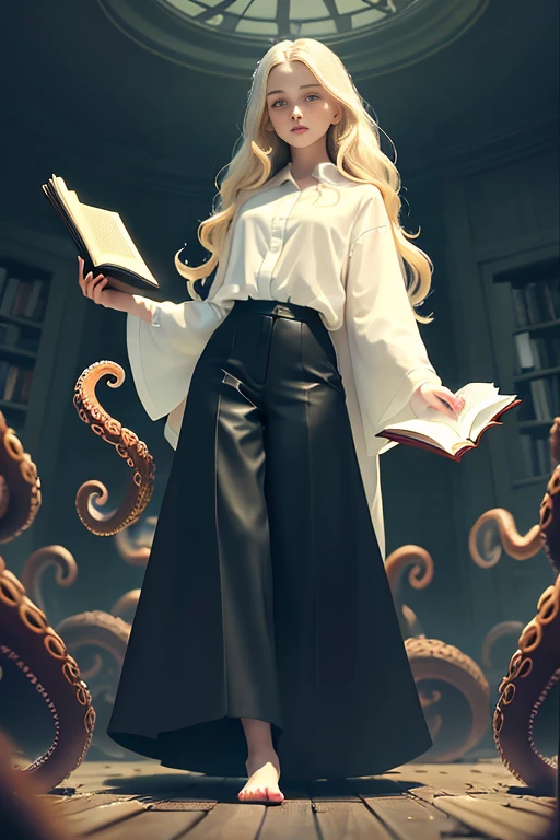 masterpiece, best quality, hyperrealistic, cinematic photo,  woman, pale skin, British amazing slim body with some curves, ((Tight white blouse)), ((Black trousers)), ((Holding an open book)), long blonde wavy hair, perfect thick legs, wide hips, perfect hands, bare foot, beautiful face, perfect face, youthful, (blured background), modern style, from below, (low-angle shoot), low_angle_human, towering, (full body shot), ((Standing, reading an open book)), underneath shot, (view viewer), looking at viewer,(8k, epic composition, photorealistic, sharp focus), detailed background, ((On a dark room)), ((dark tentacles crawling on the floor)), ((Evil spirits roaming on the walls)), inside illumination, night illumination, DSLR, foil grain