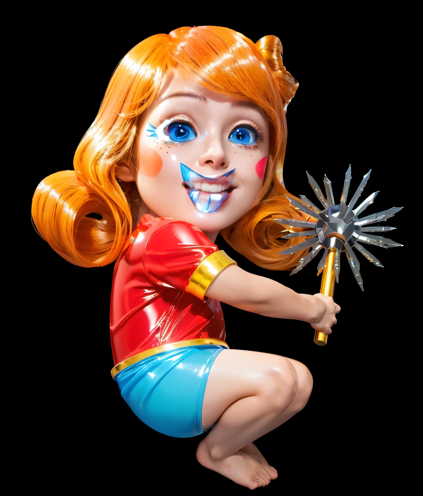 A cartoon girl with a huge smile and red hair holding a mace at hand. laying on a background blanket., glossy texture, smooth 3d model, multiple light sources, rim light, sharp post effects render, (glossy plastic texture with multiple big light probe refractions), perfect cgi, smooth silhouette, high intensity refraction, (super glossy material), most beautiful vfx, blue background, plastic refractions, realistic, 4k, high resolution, rim light, photo shoot, commercial photo, profile shot, 4k, rim light, high resolution, 4k, glossy texture, smooth 3d model, multiple light sources, rim light, sharp post effects render, (glossy metallic texture with multiple big light probe refractions), perfect cgi, cgi art created only with gradients, smooth silhouette, high intensity refraction, (super glossy chrome material), most beautiful vfx, blue background, chrome metal refractions, multiple light sources, rim light, sharp post effects render, perfect cgi, digital art, detailed digital art, reflective, best quality, 4k, masterpiece:1.2, ultra-detailed, realistic, vivid colors, dark and moody lighting, The image of the highest quality, ensuring every detail showcased perfectly. It in 4k resolution, allowing viewers to immerse themselves in the richness of the colors and intricate details. The realistic rendering. under the spotlight, reflecting, high-resolution image, realistic rendering, dark background, and rim light photorealistic