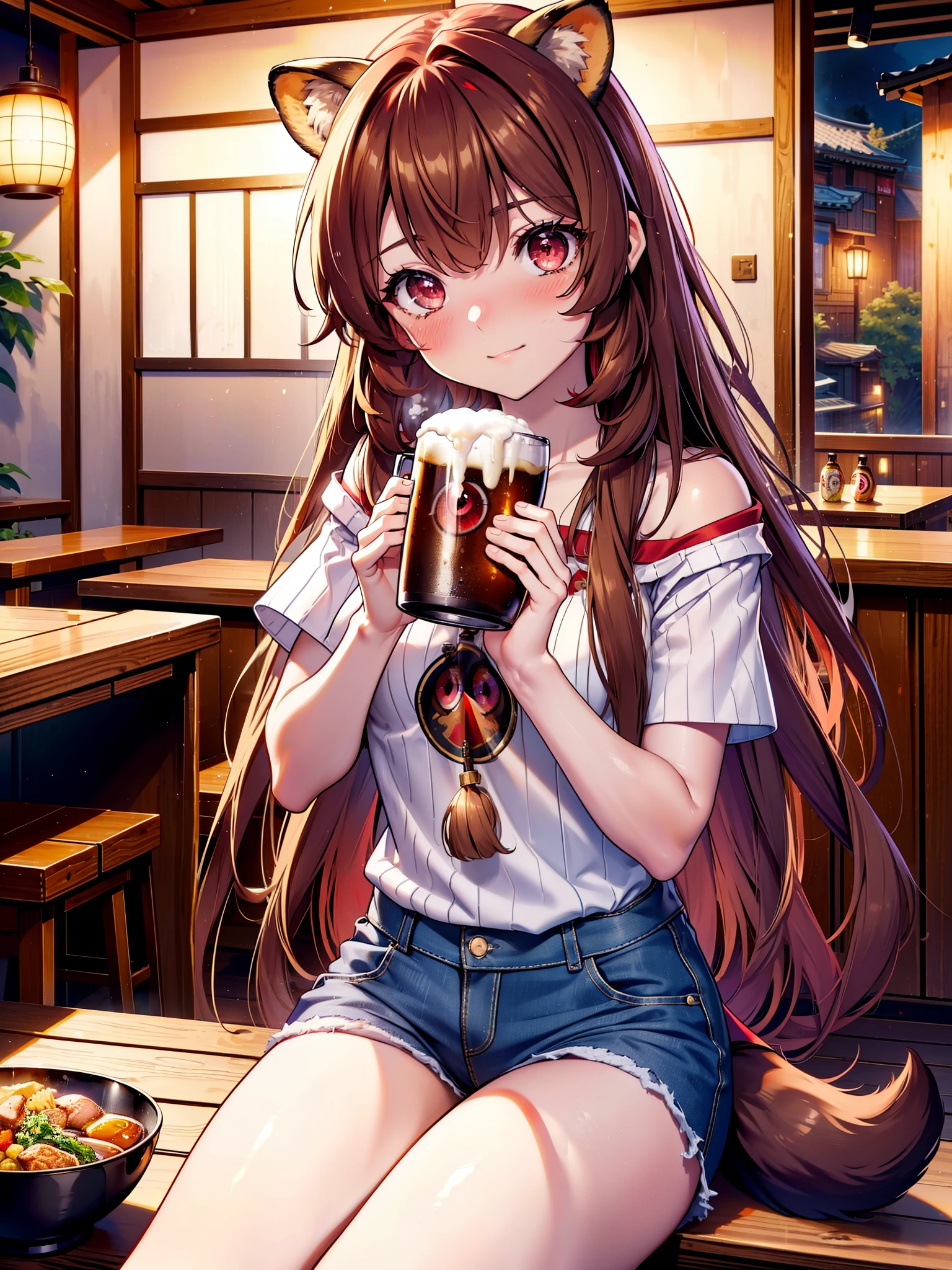 Raphtalia, Raphtalia, Animal ears, Brown Hair, Long Hair, Raccoon Ears, Raccoon Girl, racoon tail, (Red eyes:1.5), smile,blush,I'm drunk,tail,smile,Off-the-shoulder knit top, short sleeve,,Short denim,Black knee socks,There is food and beer mugs on the table,Holding a beer mug in both hands,Sitting in a chair,Break indoors,Izakaya ,壊す looking at viewer, (Cowboy Shot:1.5),highest quality, High resolution, unity 8k wallpaper, (shape:0.8), (Beautiful detailed eyes:1.6), extra detailed face, Perfect lighting, extremely details CG, (Perfect hands, Perfect Anatomy), (