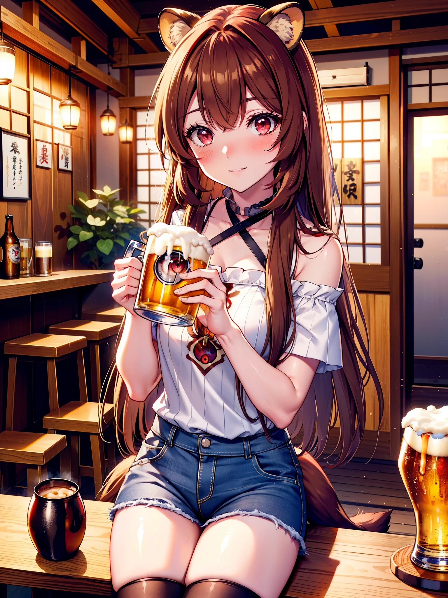 Raphtalia, Raphtalia, Animal ears, Brown Hair, Long Hair, Raccoon Ears, Raccoon Girl, racoon tail, (Red eyes:1.5), smile,blush,I'm drunk,tail,smile,Off-the-shoulder knit top, short sleeve,,Short denim,Black knee socks,There is food and beer mugs on the table,Holding a beer mug in both hands,Sitting in a chair,Break indoors,Izakaya ,壊す looking at viewer, (Cowboy Shot:1.5),highest quality, High resolution, unity 8k wallpaper, (shape:0.8), (Beautiful detailed eyes:1.6), extra detailed face, Perfect lighting, extremely details CG, (Perfect hands, Perfect Anatomy), (