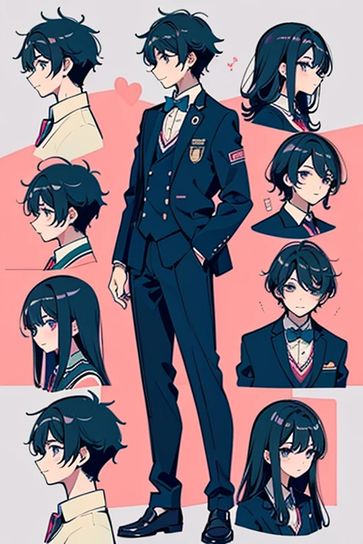 masterpiece, high quality, 最high quality, 男子high school student、、,One Boy、Black Hair、Curly hair、loafers、uniform、choir、high school student、16 years oldposture、An illustration、profile、Relaxed pose、smile