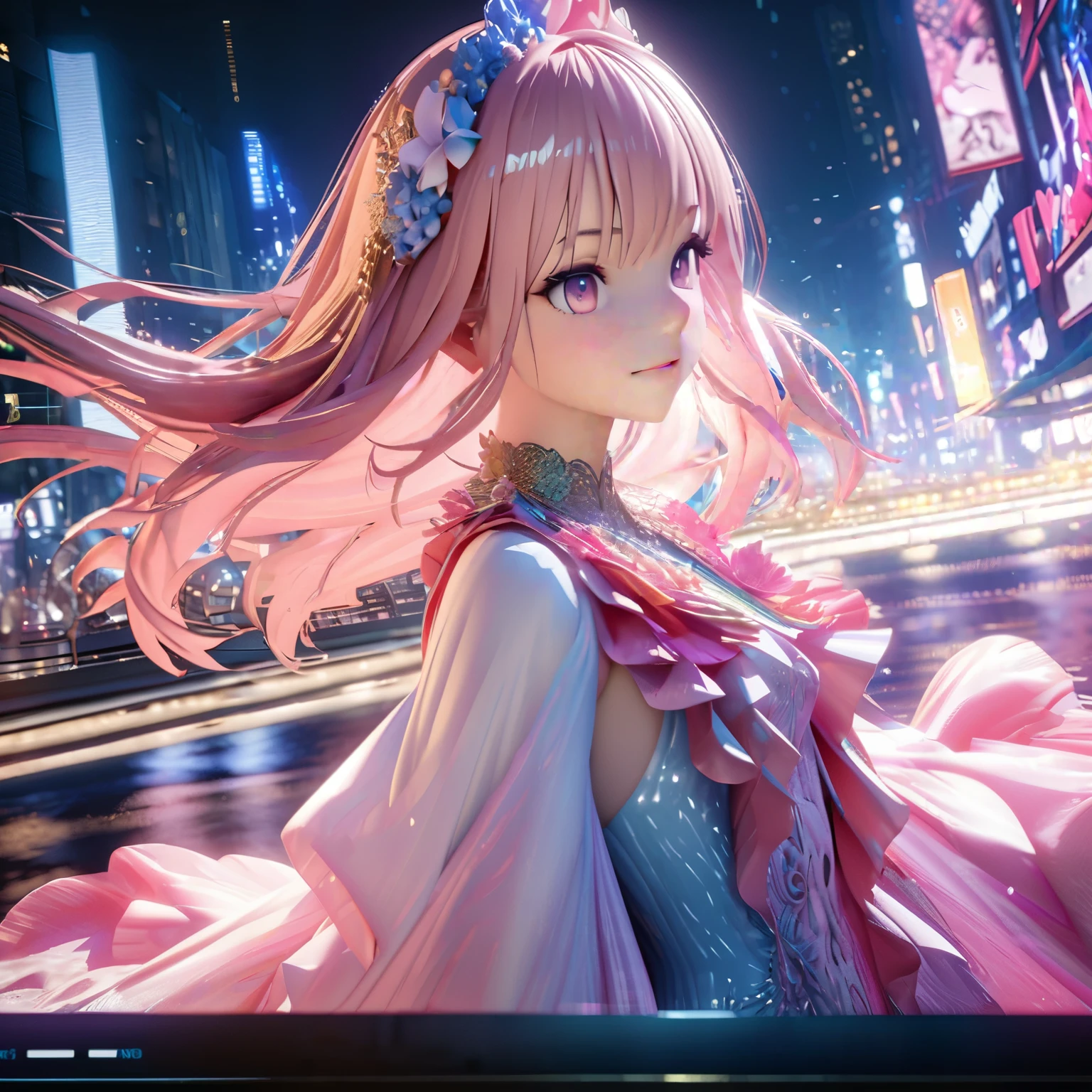 Masterpiece, Best Quality, High Definition, High Resolution, Expensive Resolution, High Definition, 4K, 8k, Unity 8k Wallpaper, High Definition CG, Masterpiece, Real, 2D, 3D, Beautiful Details, Depth, Fine Texture, Super Quality: 1.3 , with perfect concentration, eyes create an anime-style illustration of a character wearing an elaborate Hawaiian dress adorned with flowers and jewels, set against a bright night beach backdrop. Draw a close-up of the upper body. ⁽⁽The dress should have multiple layers and ruffles, with gemstones of different colors embedded throughout)). ⁽⁽The character's pink hair should be long and flowing to complement the intricate design of the dress.)) The cityscape at night should also be vibrant. The streets are lit up in different colors and buzz with lights indicating an active nightlife. Includes light reflections from buildings in the bodies of water in between.