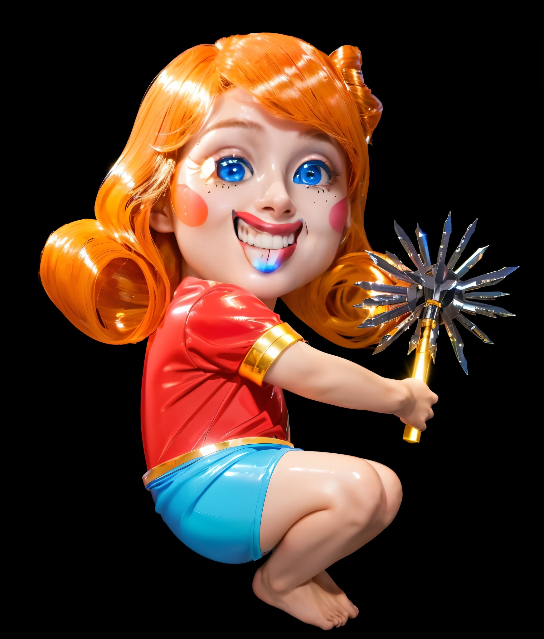 A cartoon girl with a huge smile and red hair holding a mace at hand. laying on a background blanket., glossy texture, smooth 3d model, multiple light sources, rim light, sharp post effects render, (glossy plastic texture with multiple big light probe refractions), perfect cgi, smooth silhouette, high intensity refraction, (super glossy material), most beautiful vfx, blue background, plastic refractions, realistic, 4k, high resolution, rim light, photo shoot, commercial photo, profile shot, 4k, rim light, high resolution, 4k, glossy texture, smooth 3d model, multiple light sources, rim light, sharp post effects render, (glossy metallic texture with multiple big light probe refractions), perfect cgi, cgi art created only with gradients, smooth silhouette, high intensity refraction, (super glossy chrome material), most beautiful vfx, blue background, chrome metal refractions, multiple light sources, rim light, sharp post effects render, perfect cgi, digital art, detailed digital art, reflective, best quality, 4k, masterpiece:1.2, ultra-detailed, realistic, vivid colors, dark and moody lighting, The image of the highest quality, ensuring every detail showcased perfectly. It in 4k resolution, allowing viewers to immerse themselves in the richness of the colors and intricate details. The realistic rendering. under the spotlight, reflecting, high-resolution image, realistic rendering, dark background, and rim light photorealistic